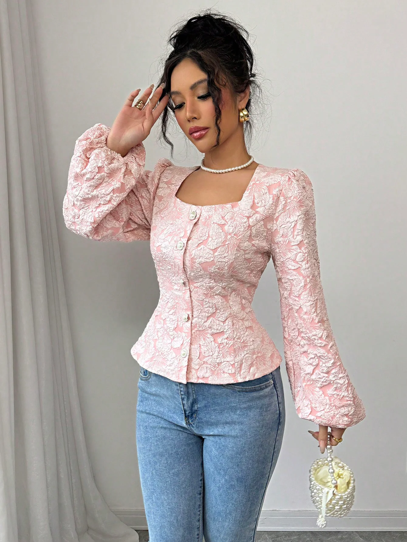 Pink Square Neck Button Down Blouse - Image 4