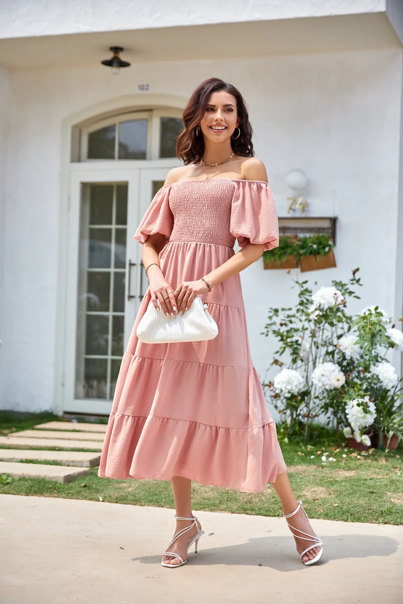 Pink Square Neck Puff Sleeved Tiered Dress - Image 3