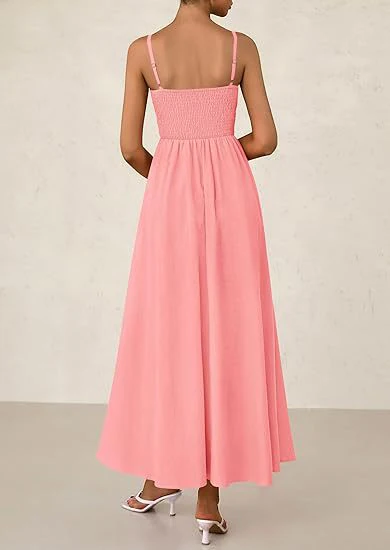Pink Strappy Square Neck Cinched Waist Dress With Pockets - Image 2