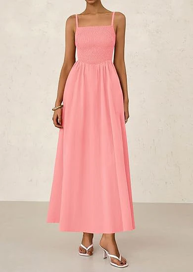 Pink Strappy Square Neck Cinched Waist Dress With Pockets - Image 3