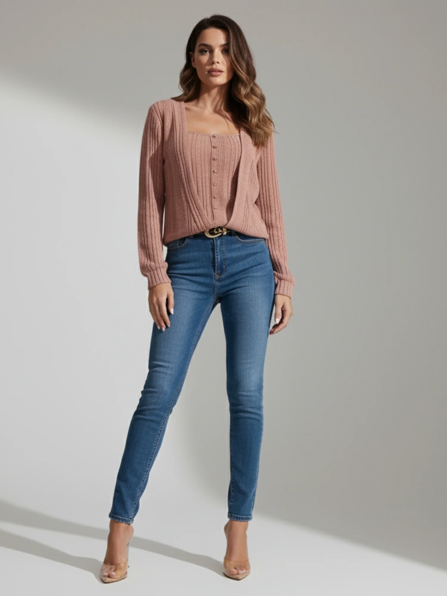 Pink Textured Button Up Cardigan Styled Sweater - Image 3