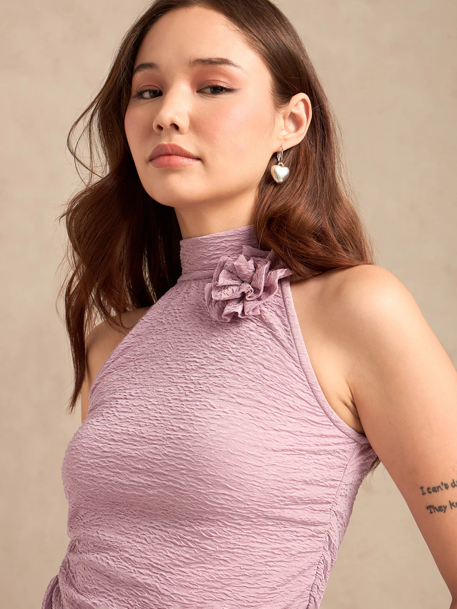 Pink Textured Solid Halter Neck Tank - Image 5