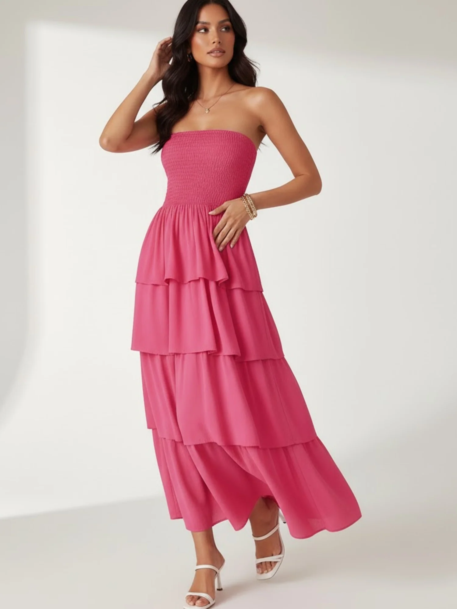 Pink Tube Smoked Dress With Ruffled Layers - Image 2