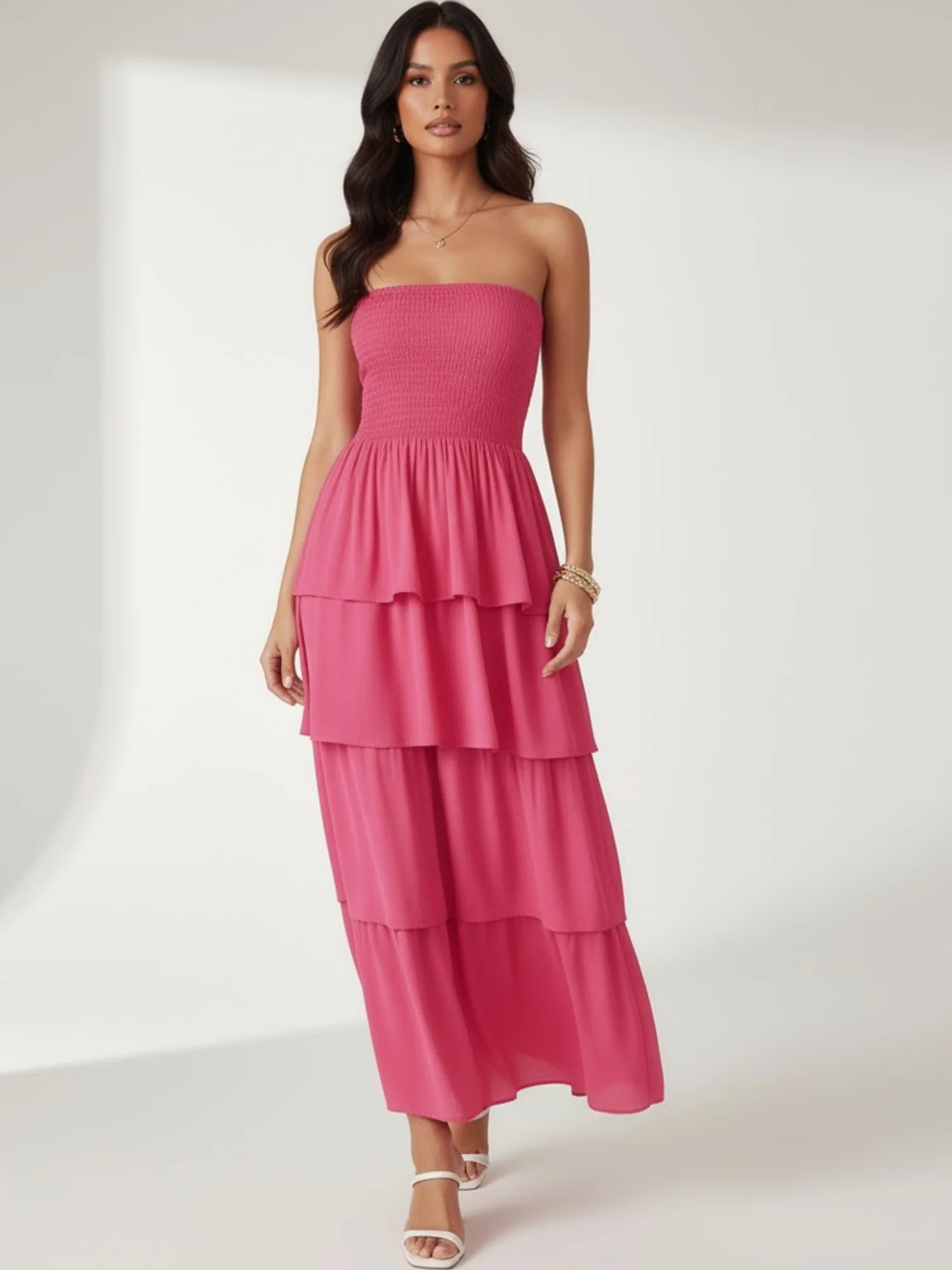 Pink Tube Smoked Dress With Ruffled Layers - Image 3