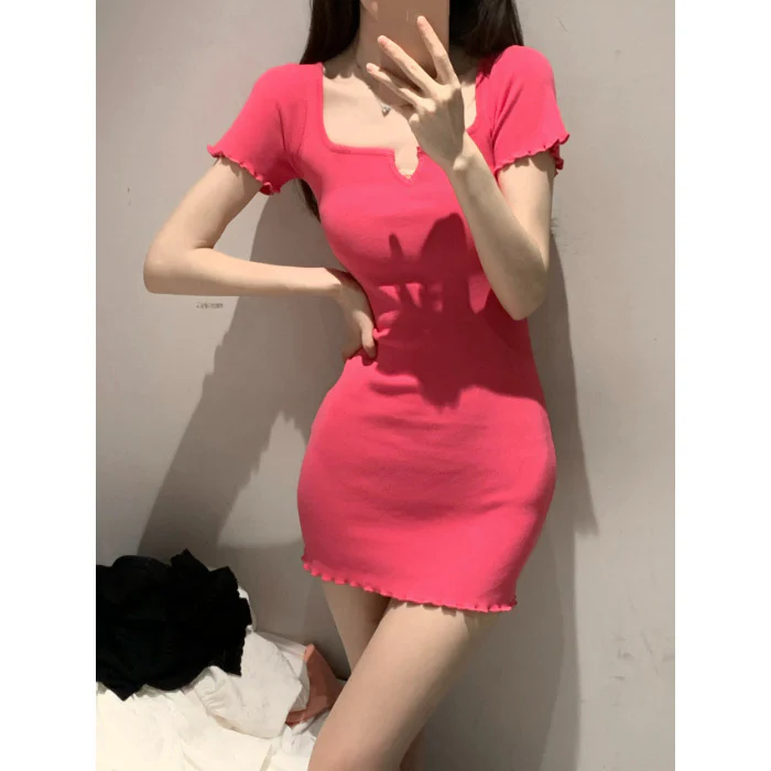 Pink V Cutout Square Neck Fitted Mini Dress