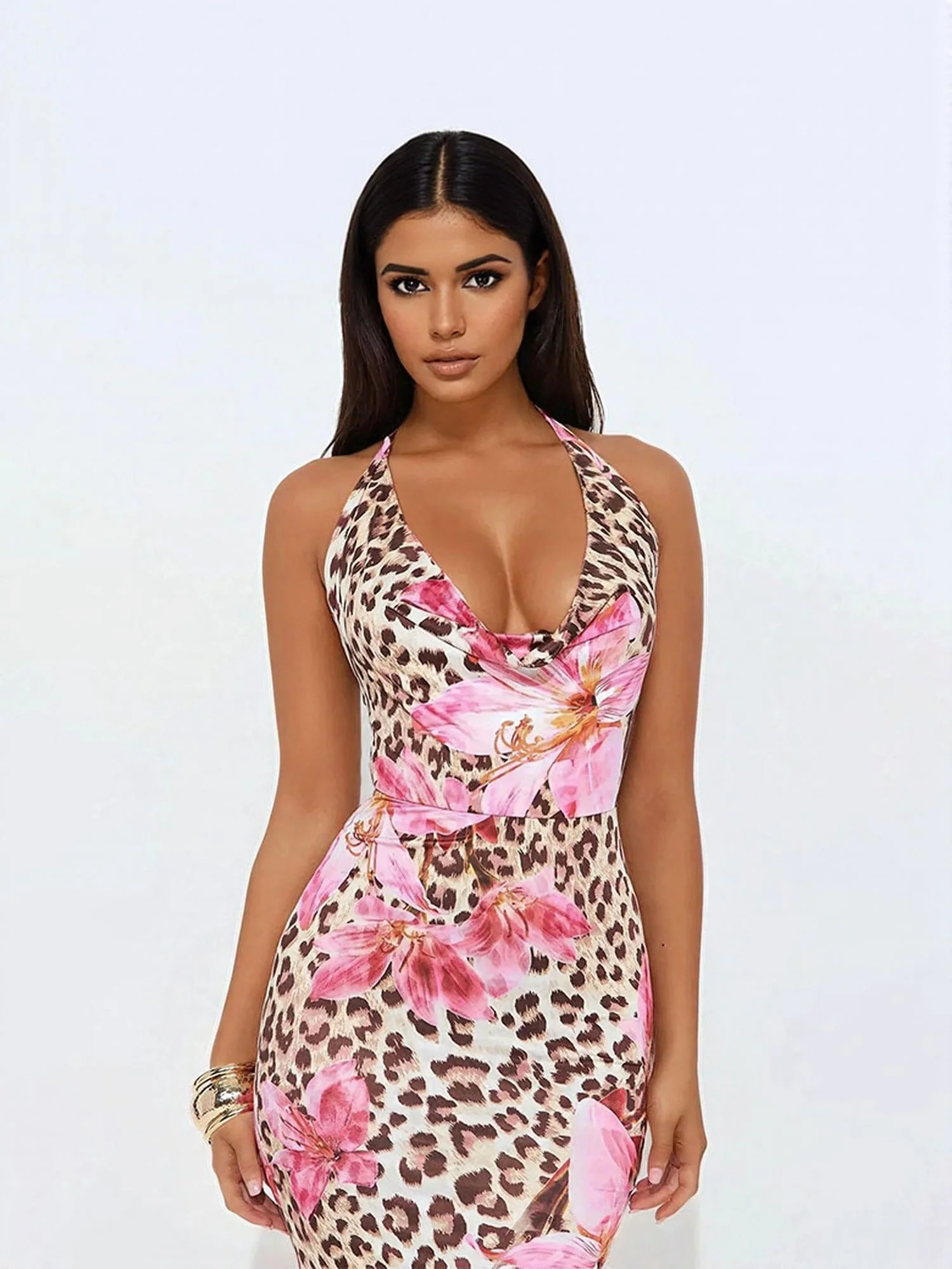 Pink V Neck Animal Mix With Floral Print Maxi Dress - Image 2
