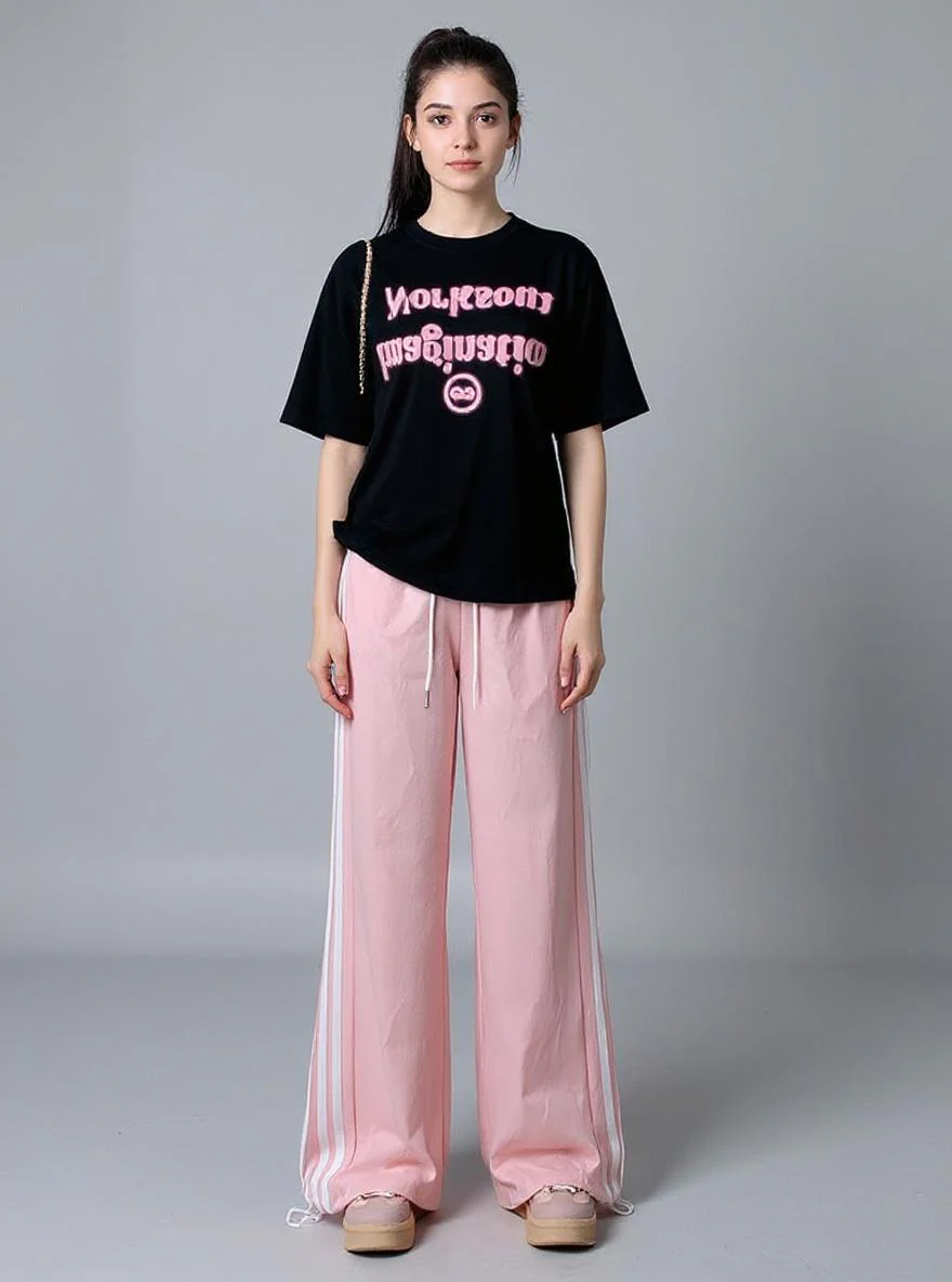 Pink Wide Leg Drawstring Stripe Joggers