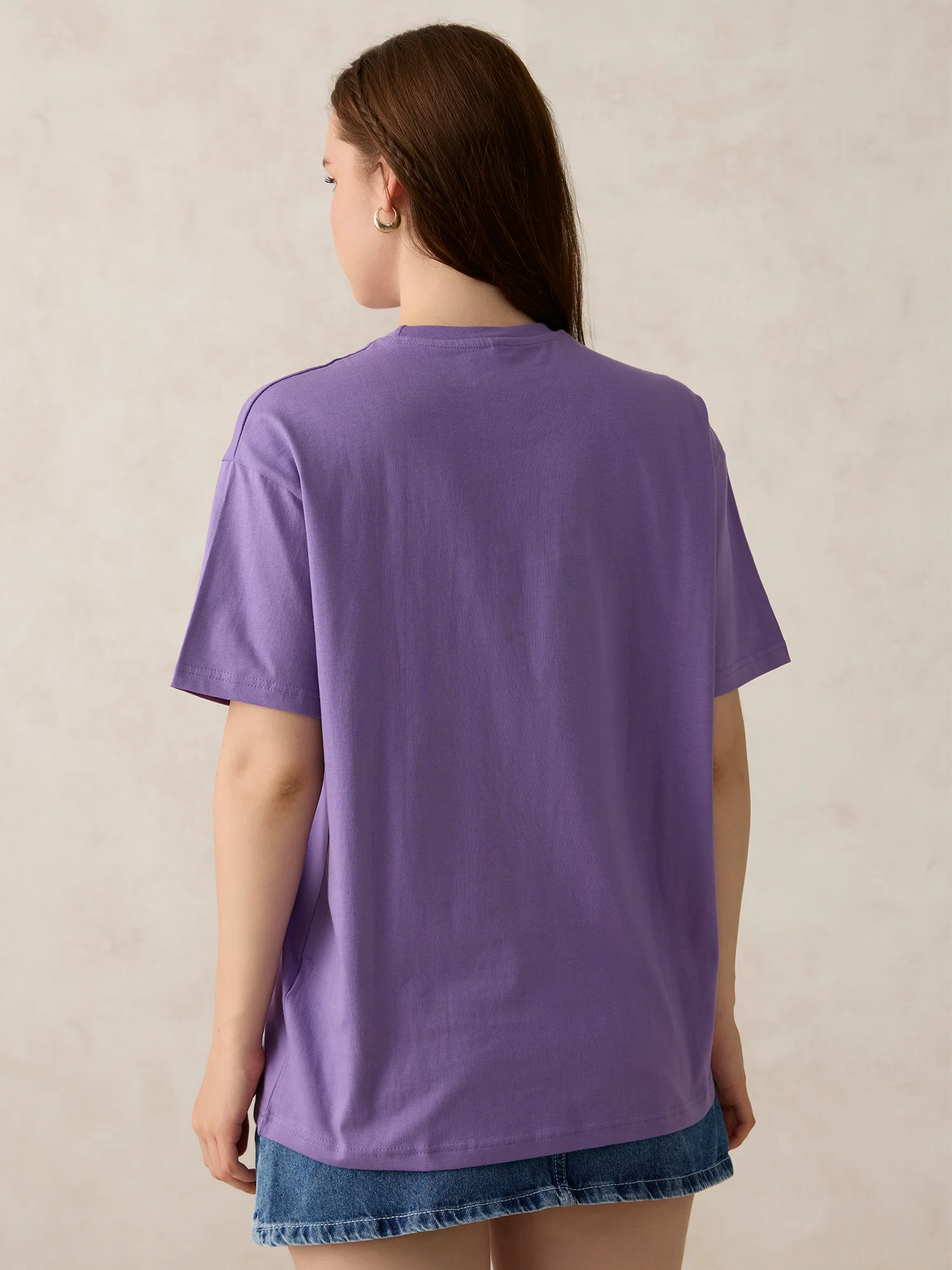 Purple Crew Neck Solid Oversized T-Shirt - Image 2