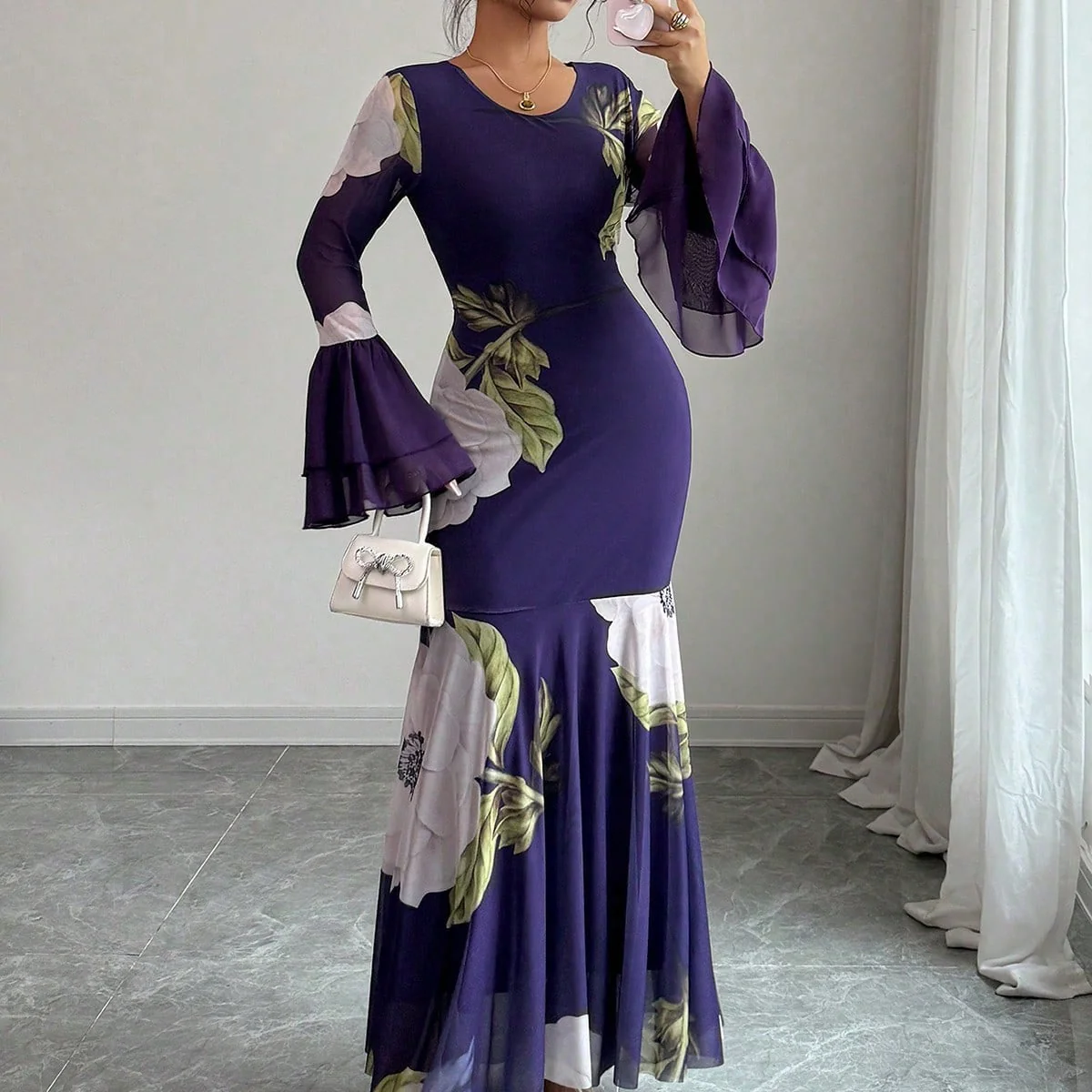 Purple Fit & Flare Floral Pleated Hem Dress - Image 6