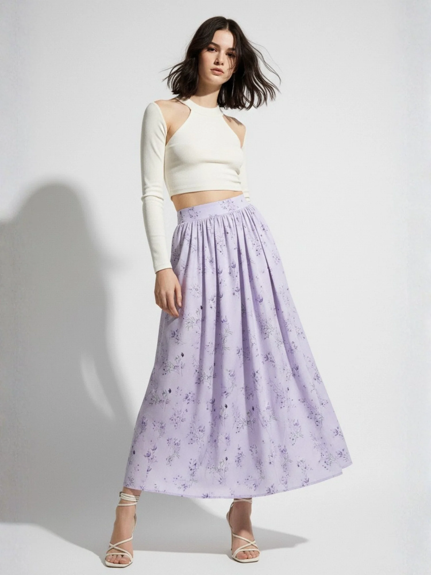 Purple Floral Printed Flared Skirt - Image 3
