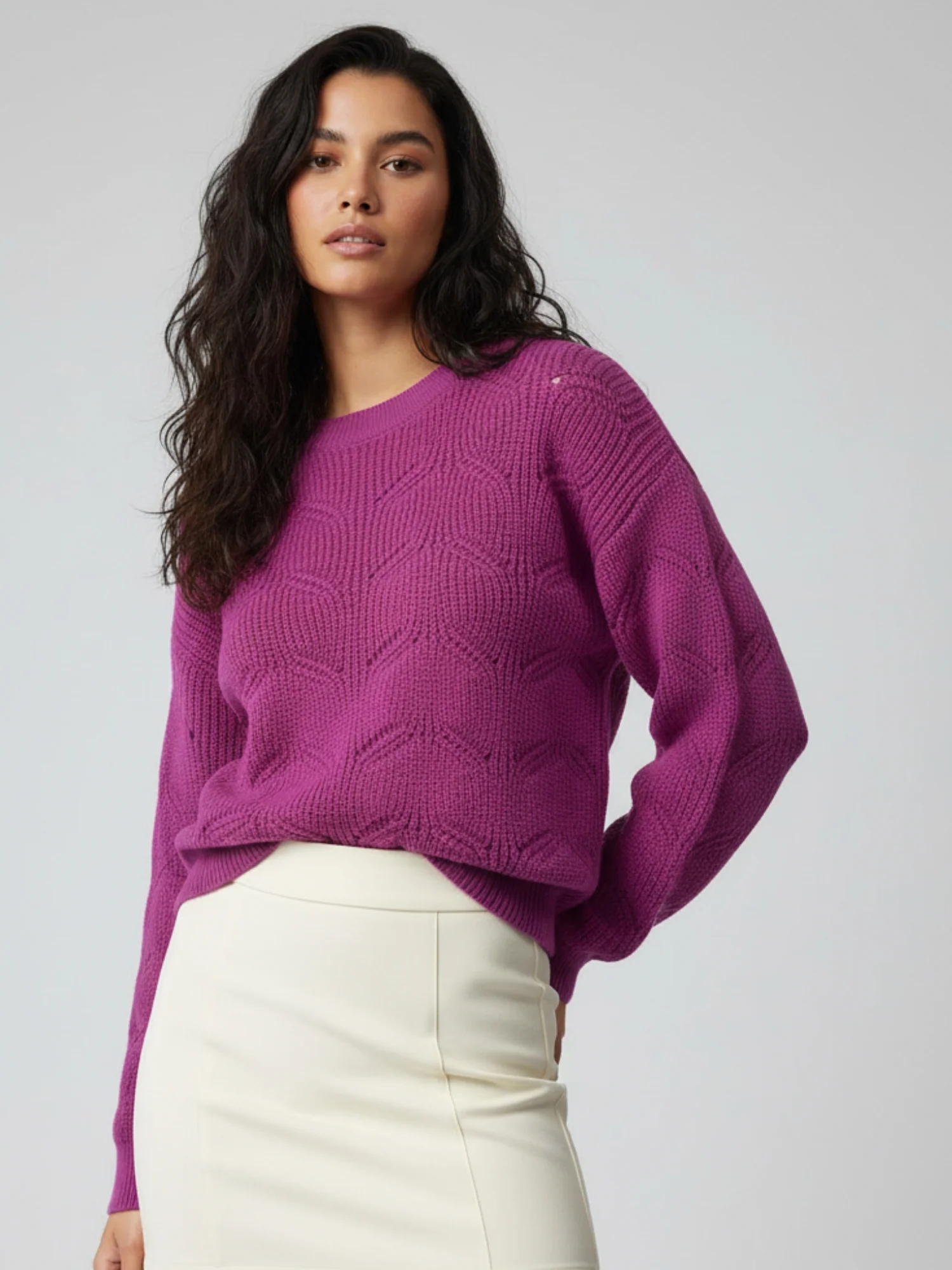 Purple Full Sleeve Round Neck Fur Slouchy Sweater - Image 3