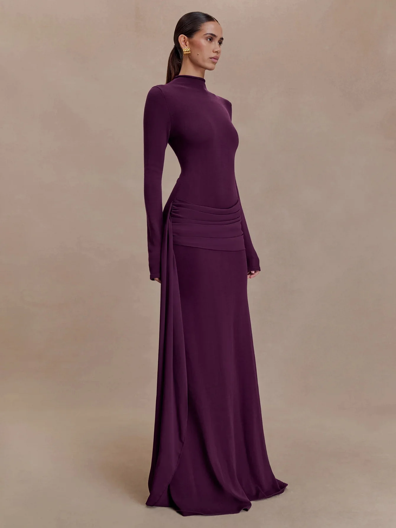 Purple Full Sleeve Waist Draped Dress - Image 2