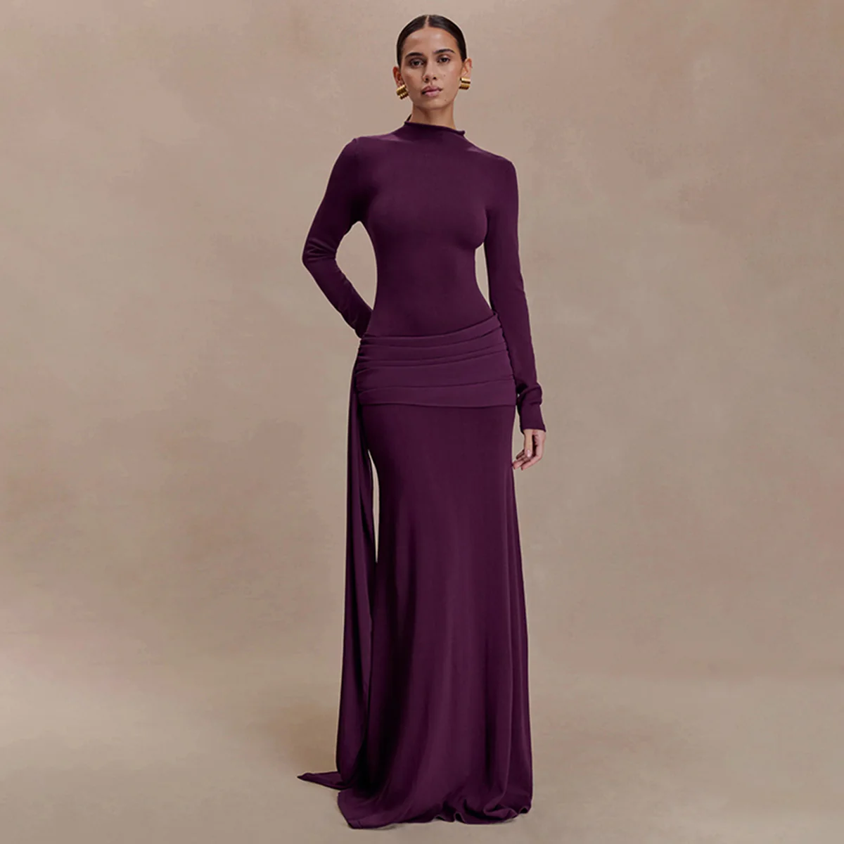 Purple Full Sleeve Waist Draped Dress - Image 3