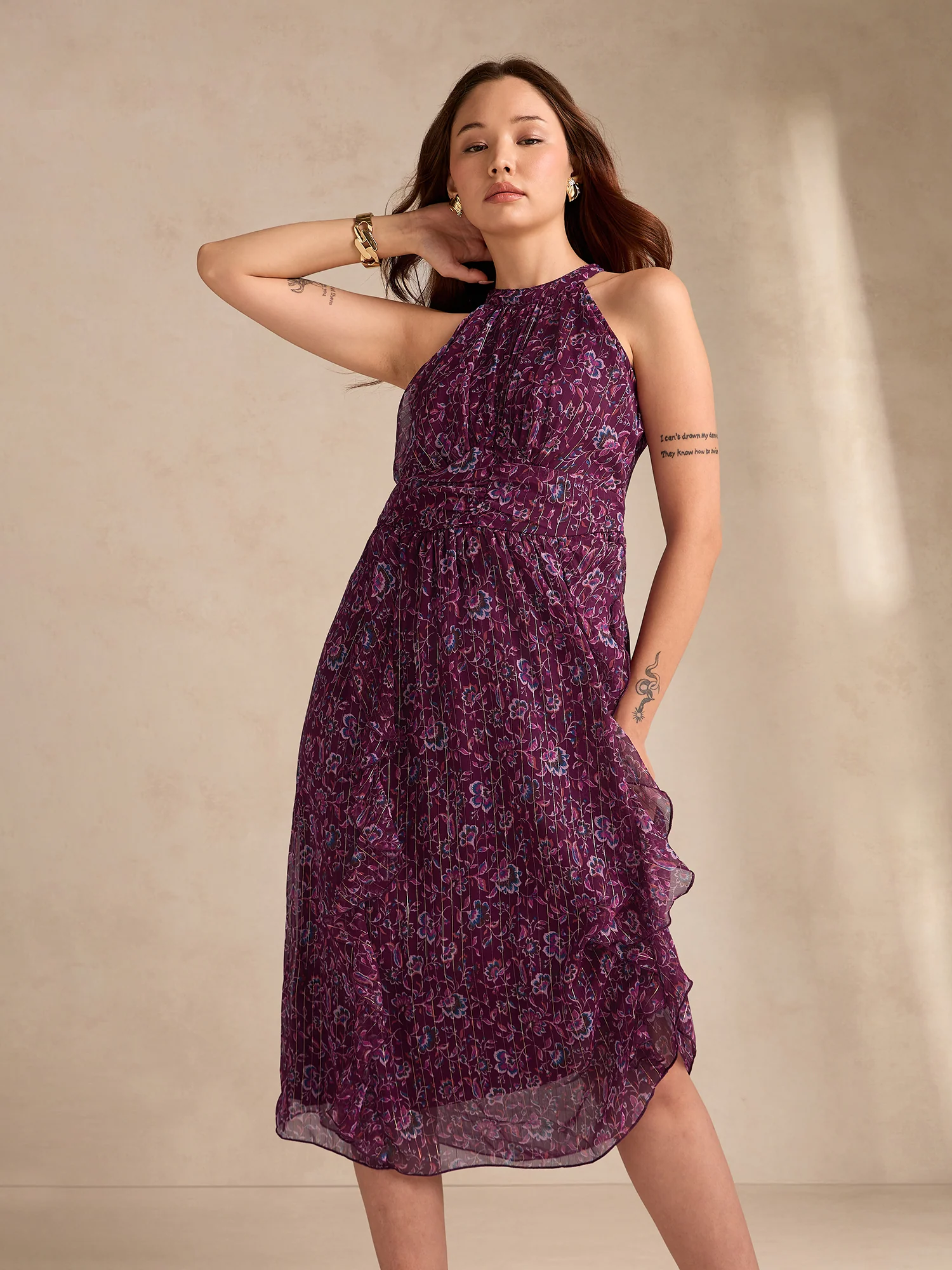 Purple High Neck Flared Dress With Delicate Floral Print - Image 2