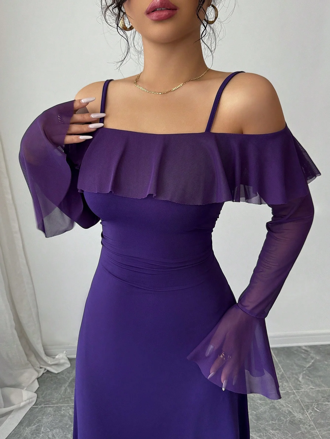 Purple Ruffle Detail Off Shoulder Dress - Image 4