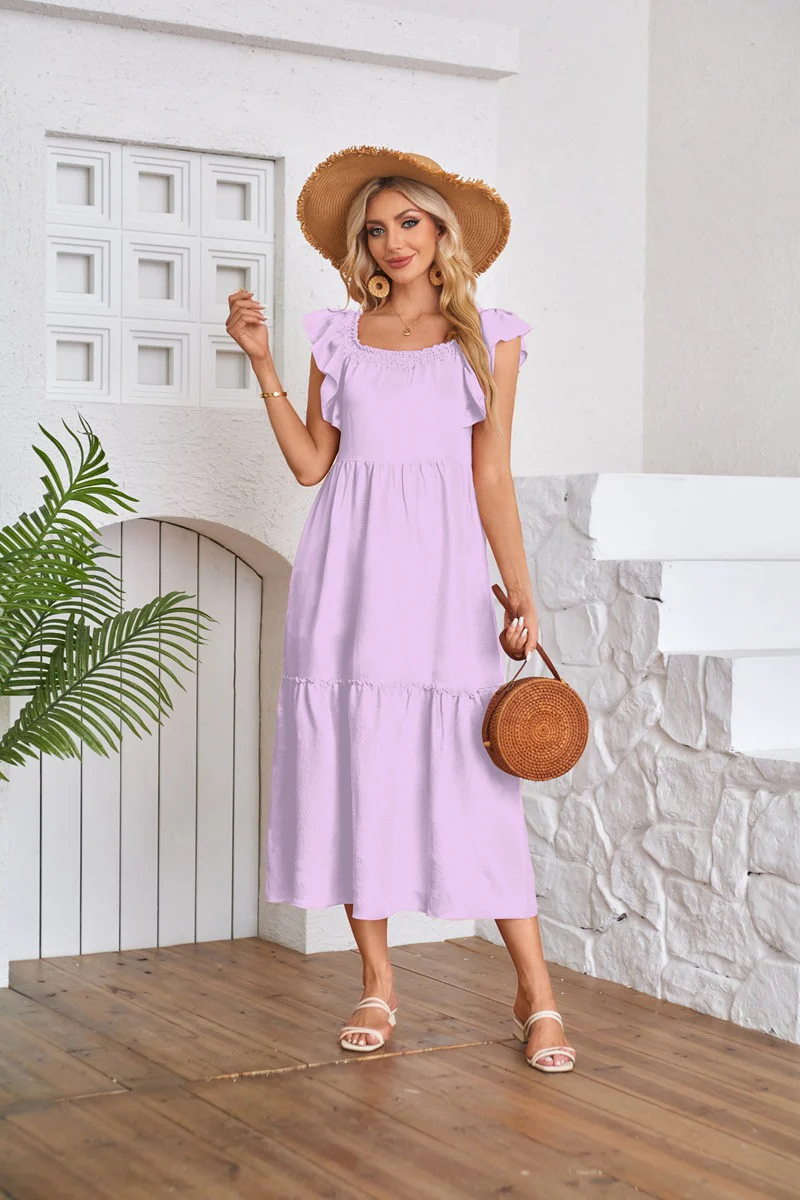 Purple Solid Flutter Sleeved Empire Waist Smocked Dress