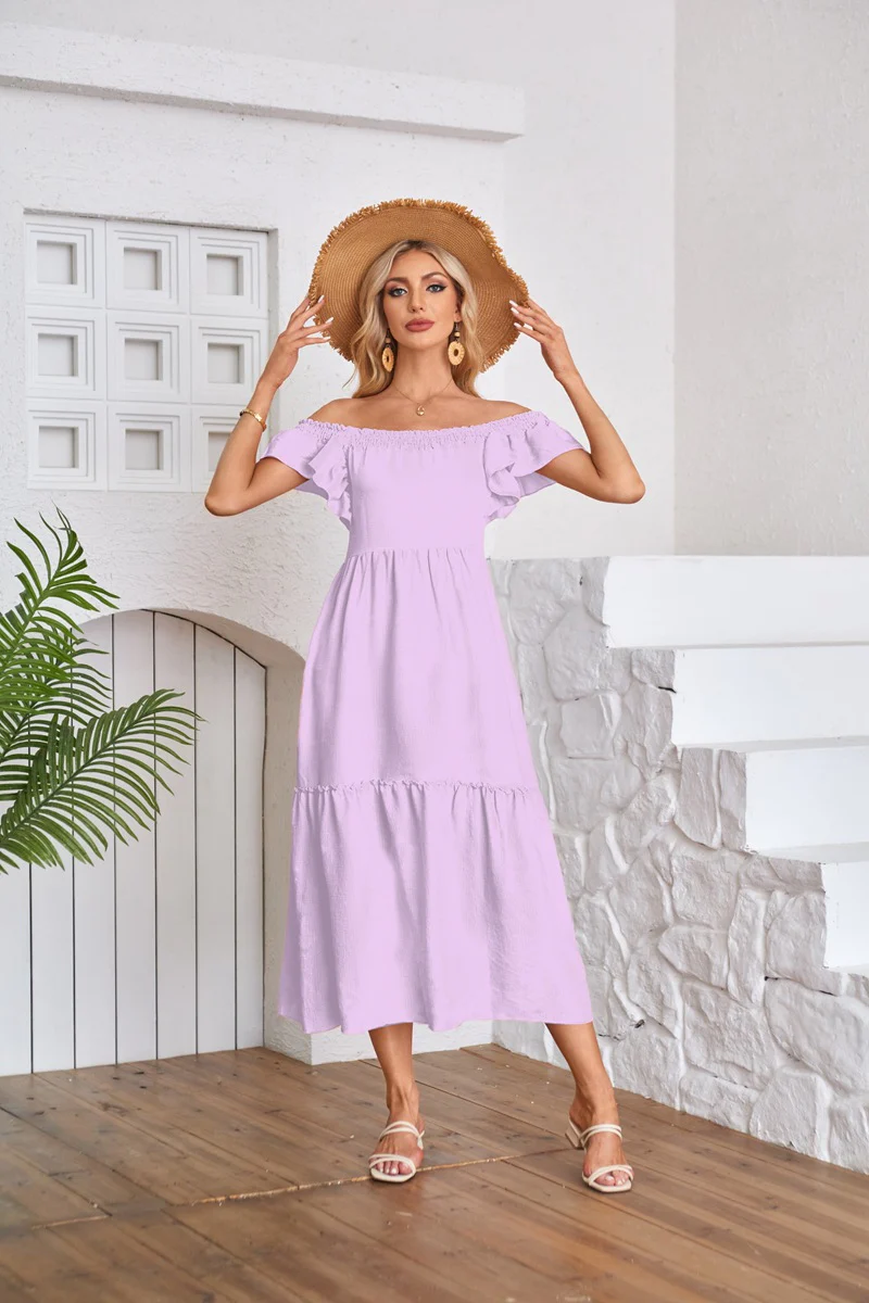 Purple Solid Flutter Sleeved Empire Waist Smocked Dress - Image 3
