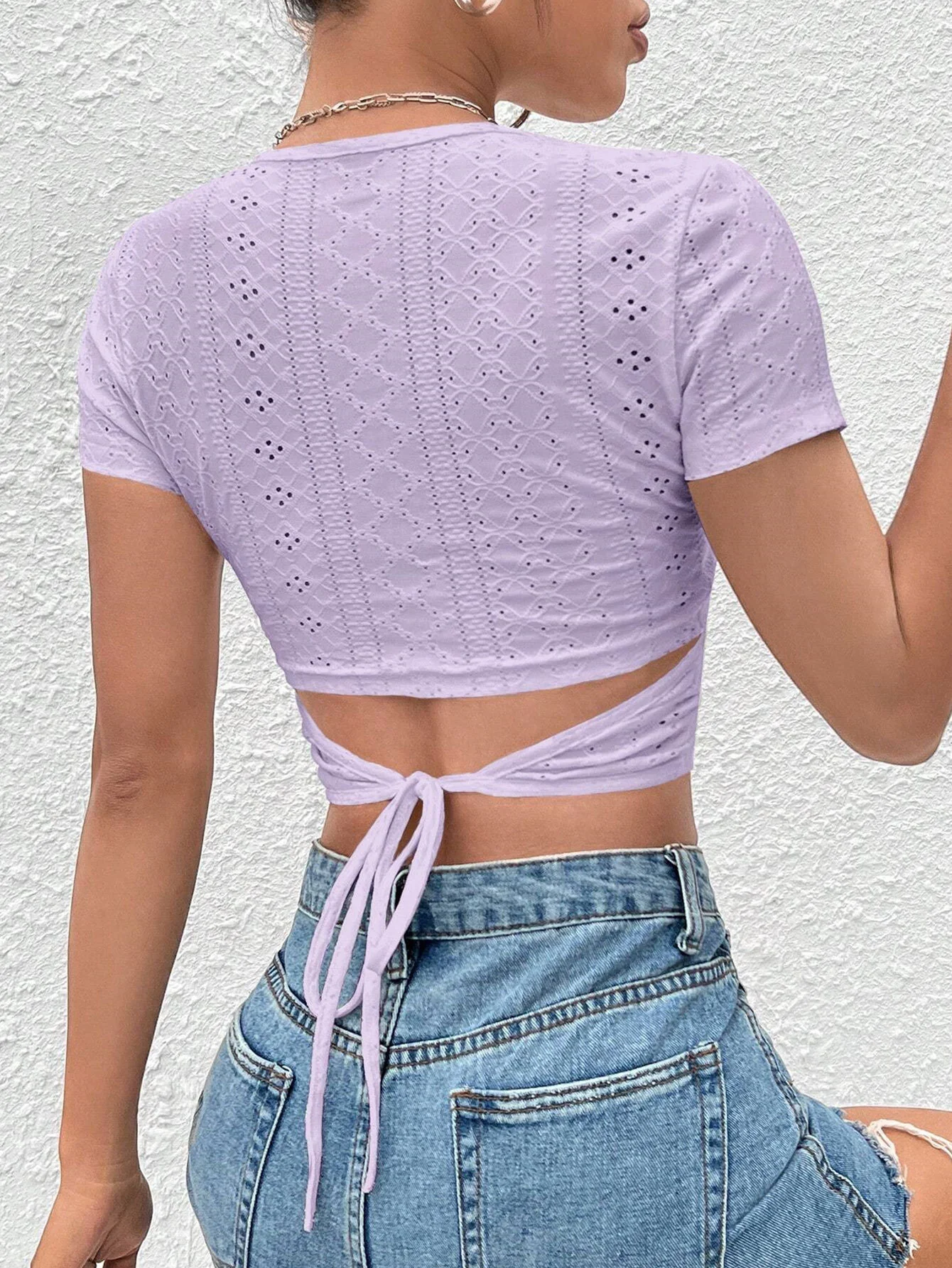 Purple Textured Knit Back Tie-Up Top - Image 2