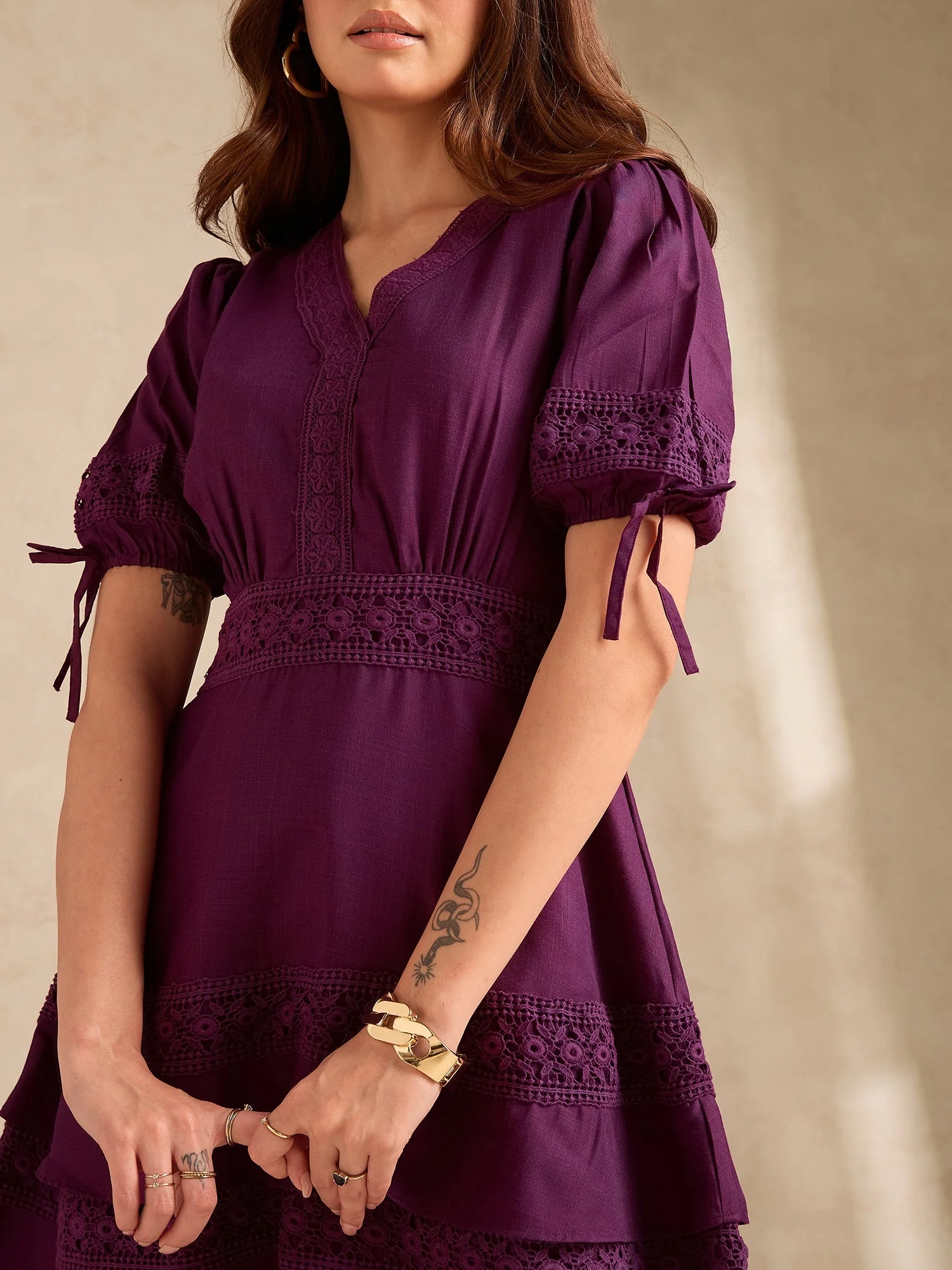 Purple Tiered Mini Dress With Lace Inserts Detailing - Image 3