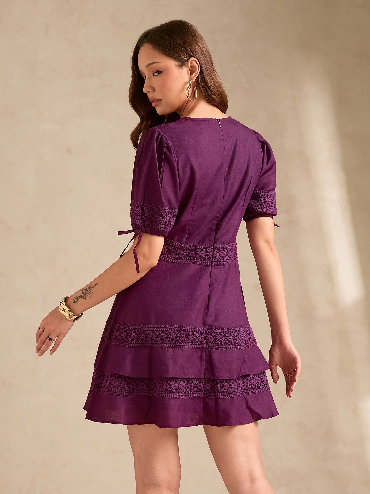 Purple Tiered Mini Dress With Lace Inserts Detailing - Image 5