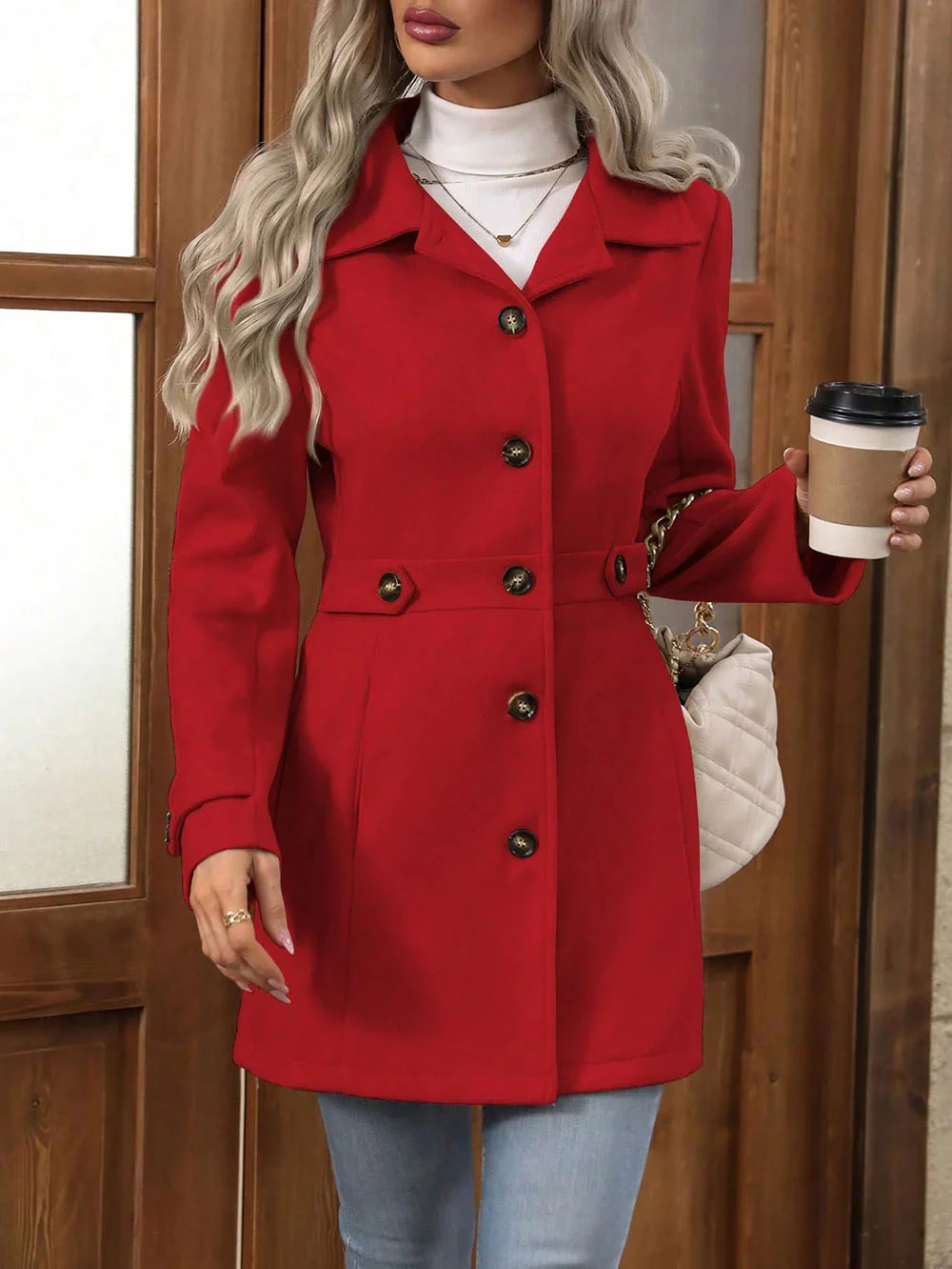 Red Big Collar Full Sleeve Long Belted Buttoned Coat