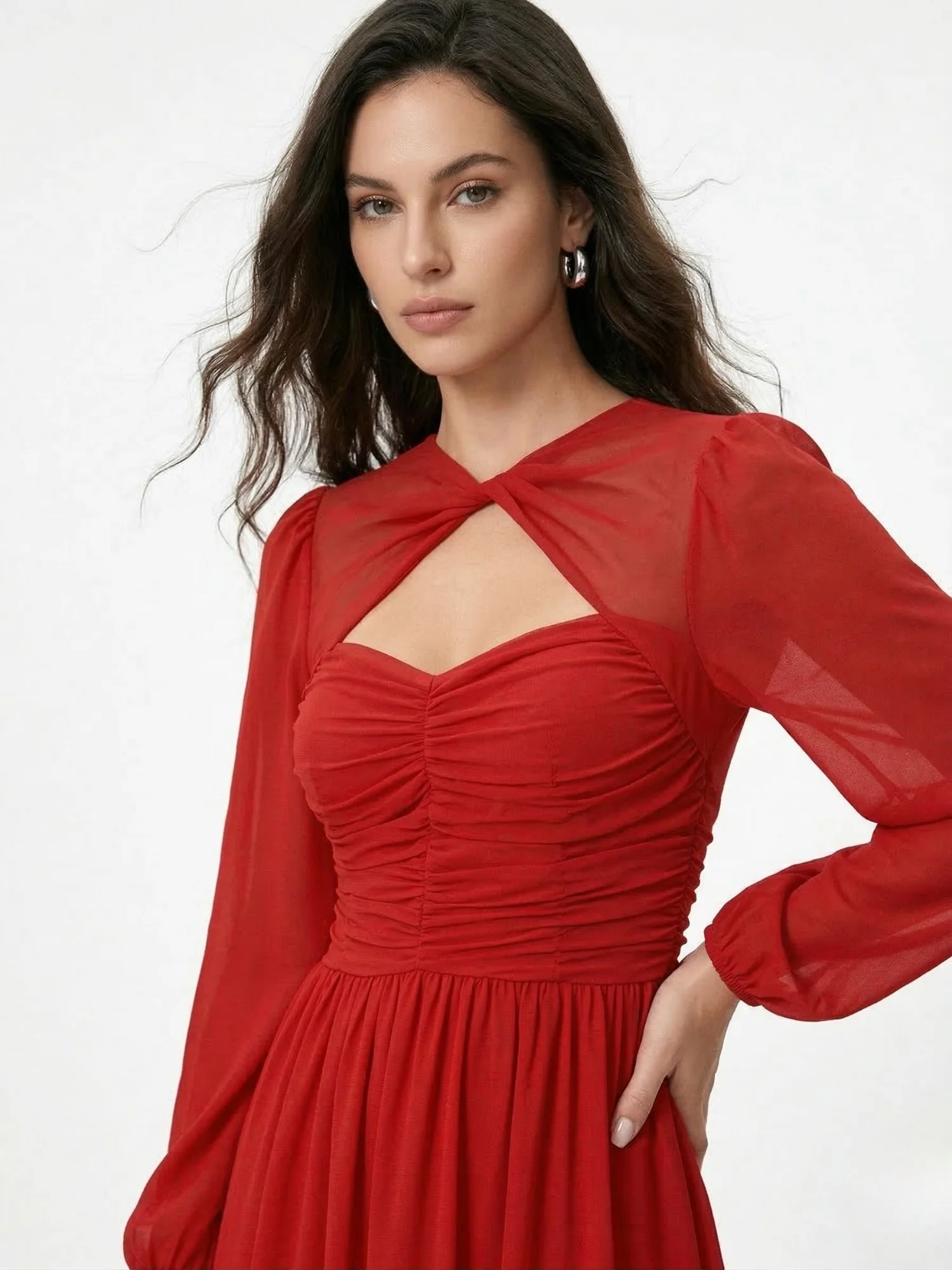 Red Bishop Sleeve Neck Cut-Out Dress - Image 2
