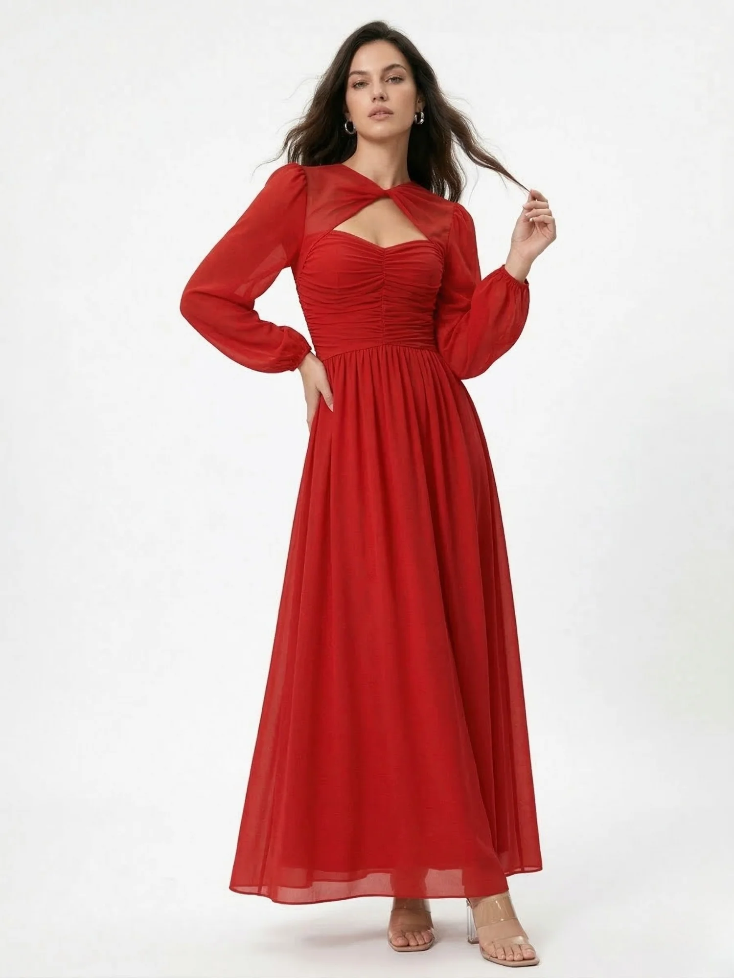 Red Bishop Sleeve Neck Cut-Out Dress - Image 3