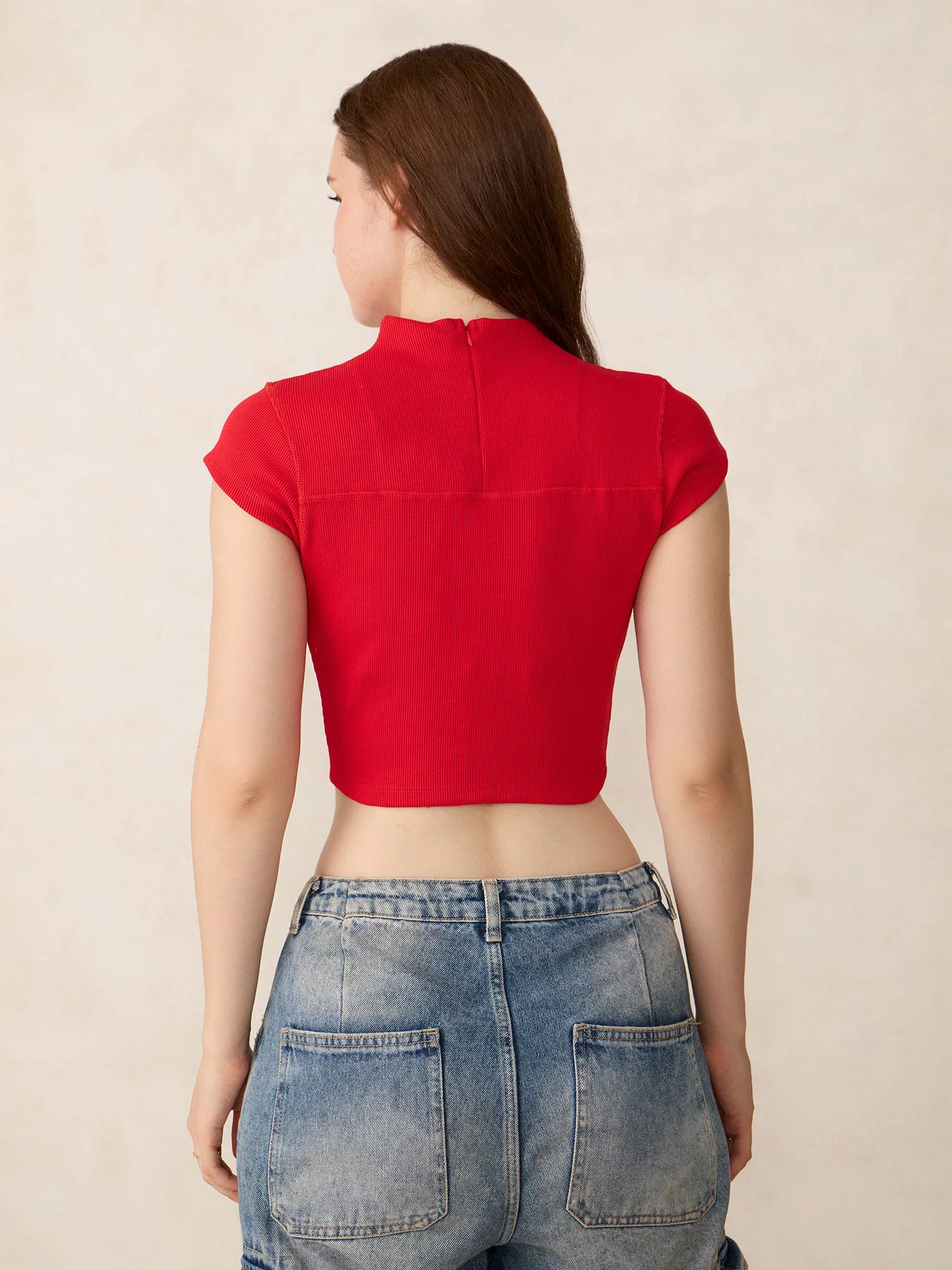 Red Cap Sleeves Fitted Rib Top - Image 2
