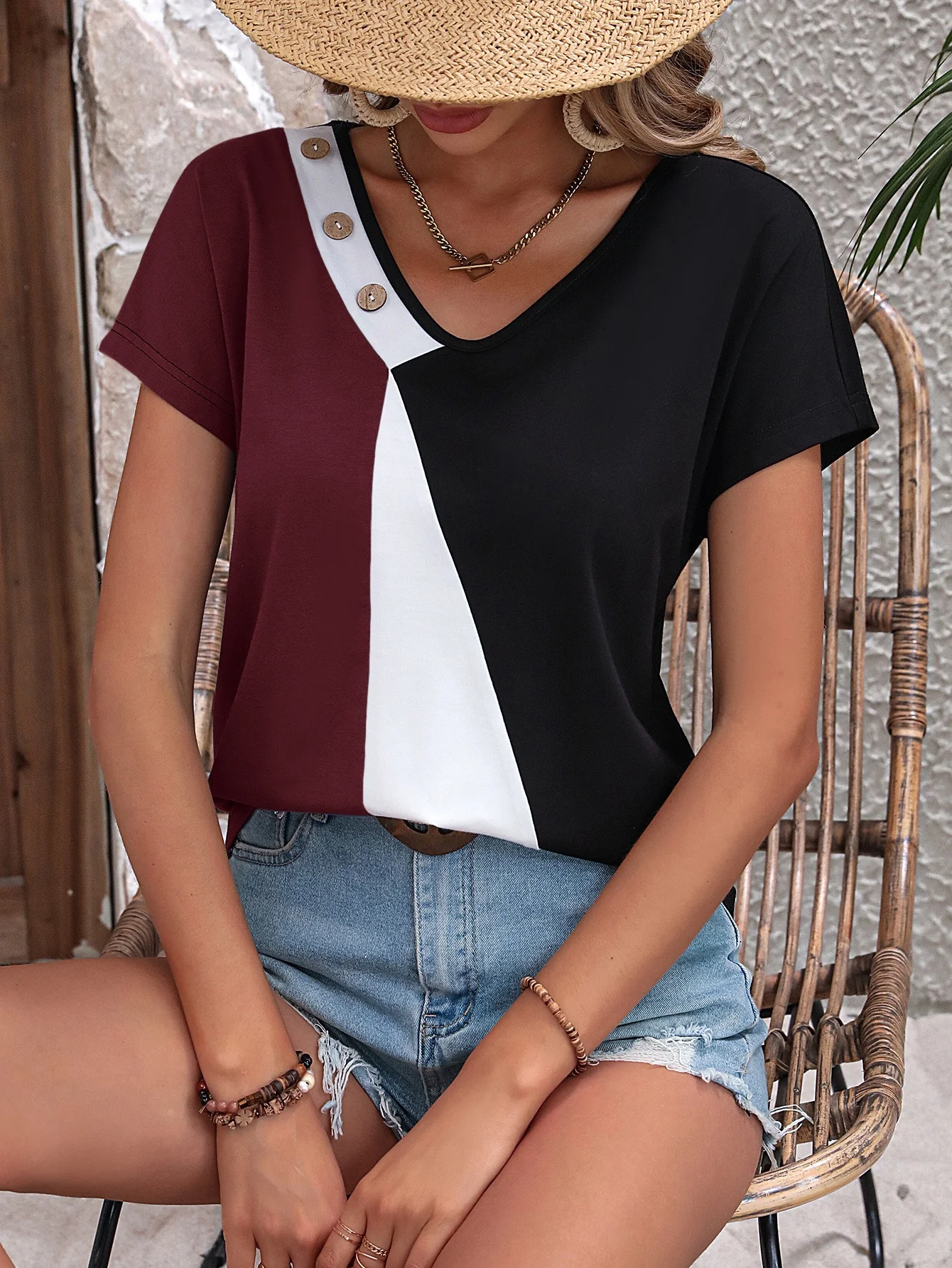 Red Colour Block Neck Detail Top - Image 3