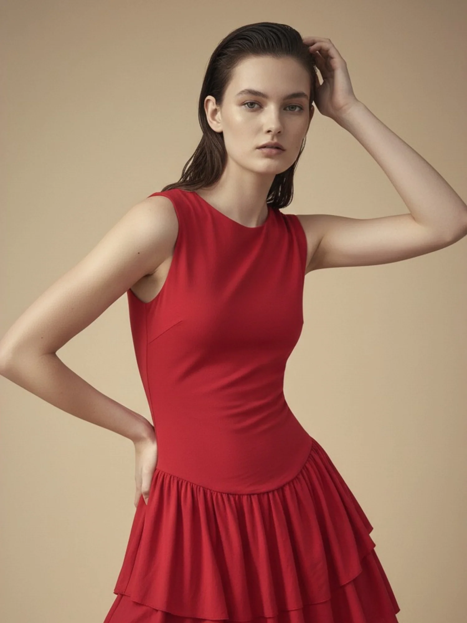 Red Drop Waistline Ruffled Hem Dress - Image 3