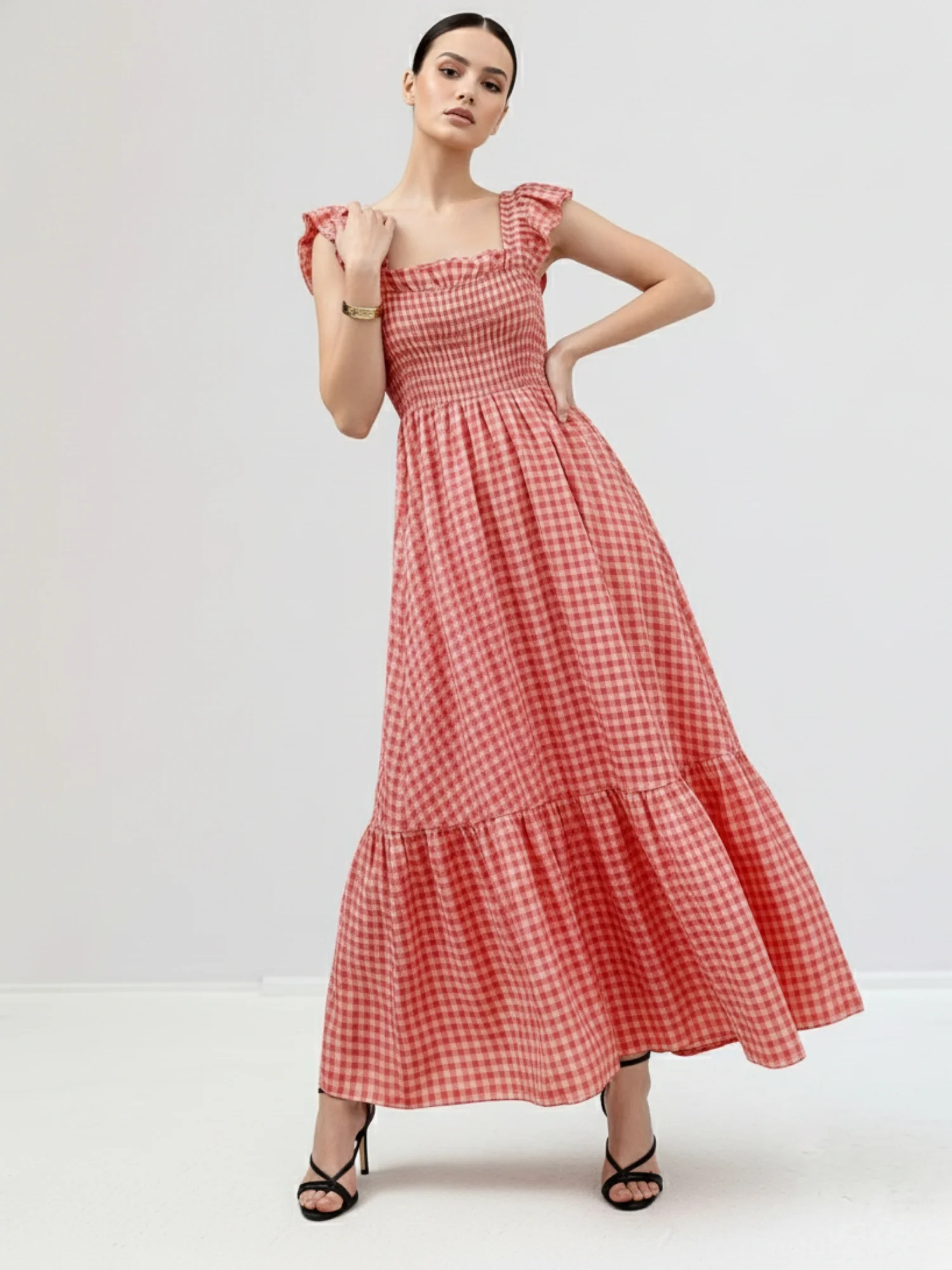 Red Flutter Sleeved Checkered Dress - Image 3
