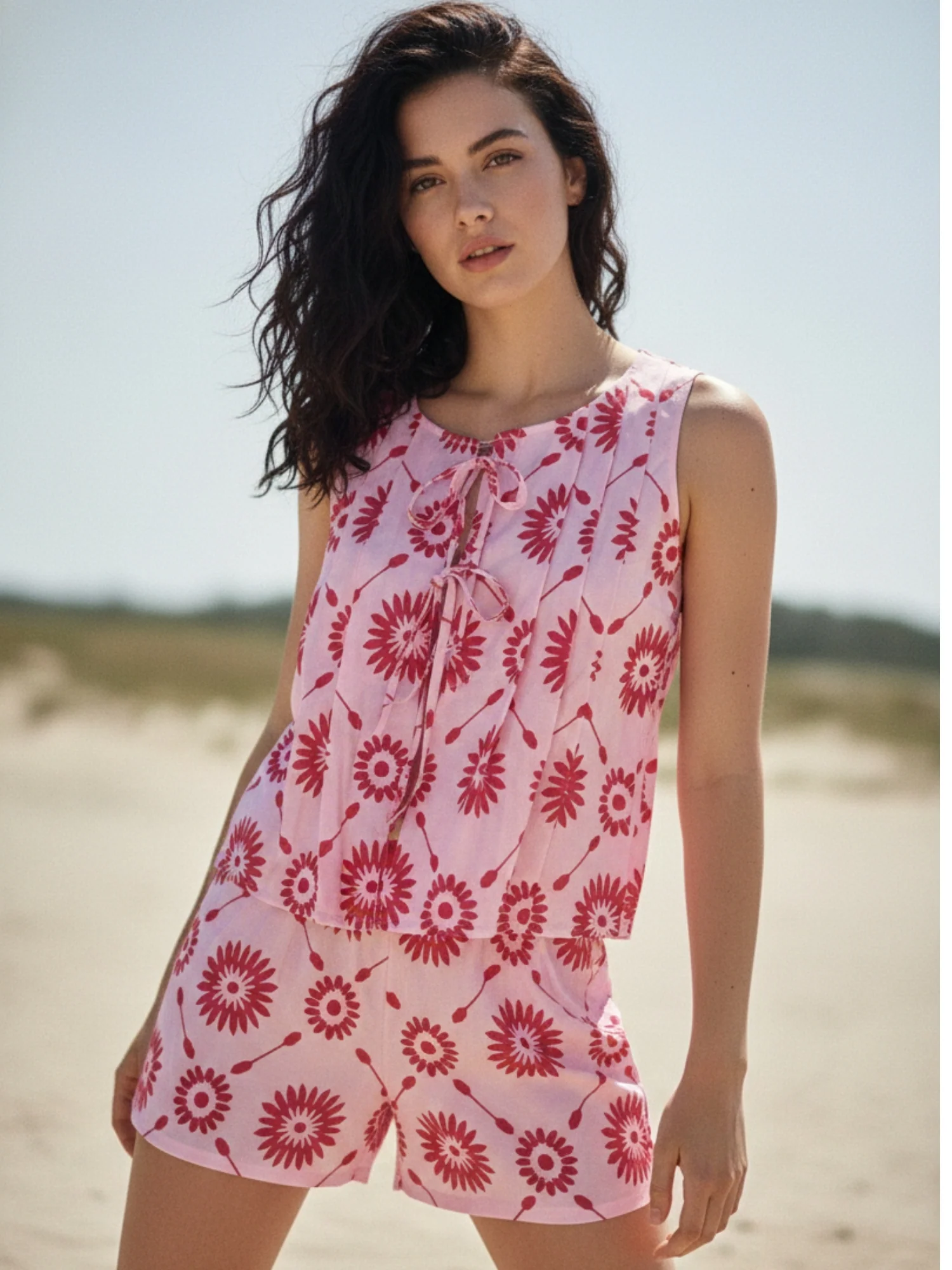 Red Front Tie-Up Peplum Style Top And Short Set