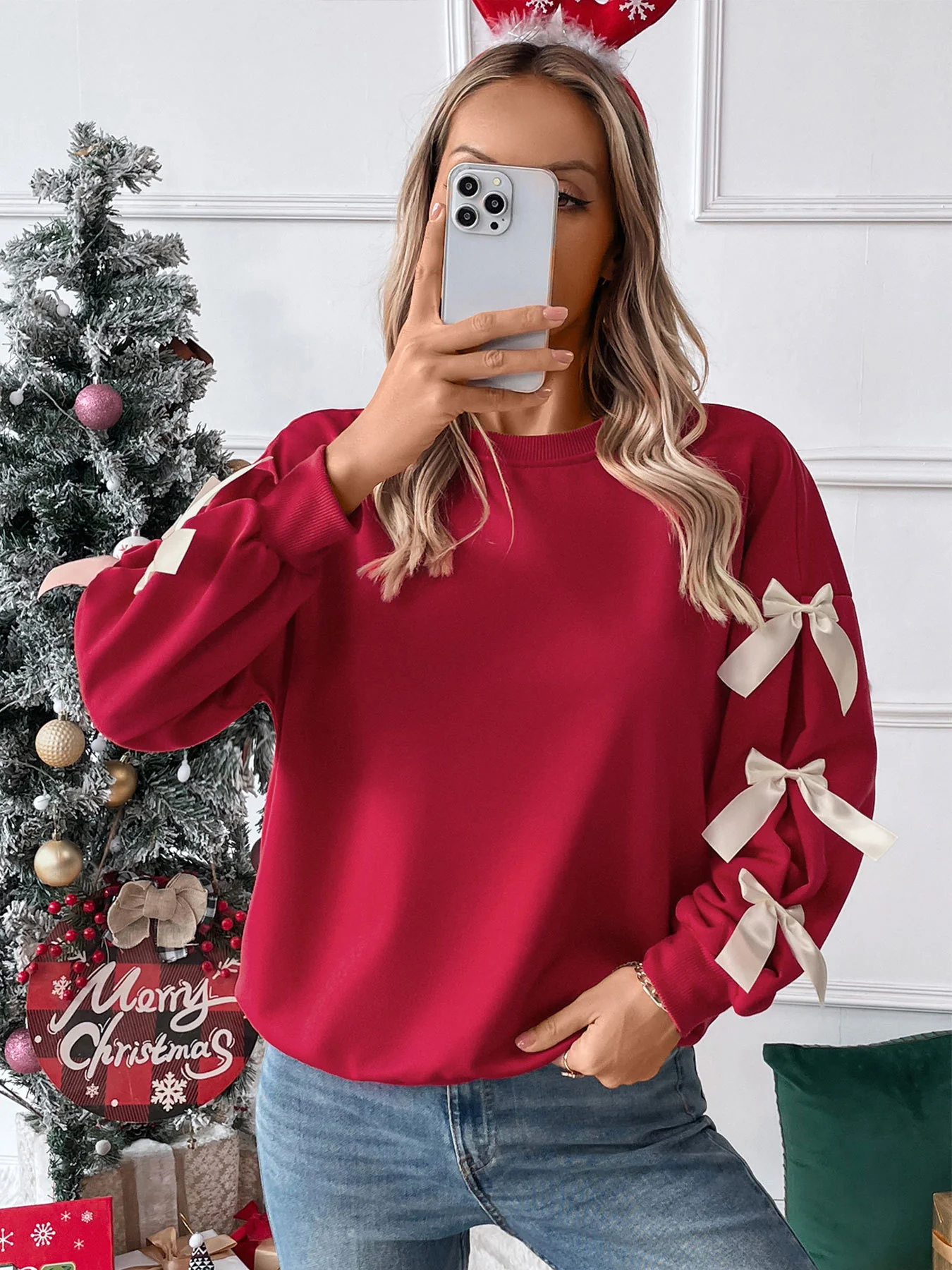 Red Full Sleeve Bow Trim Sweatshirt - Image 3