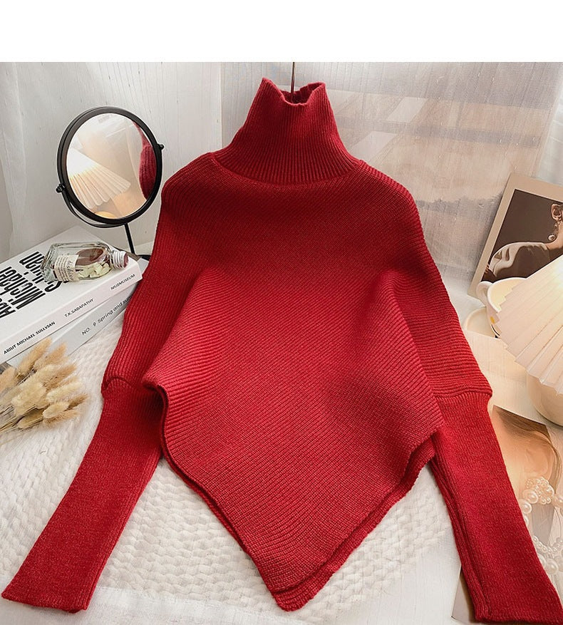 Red Full Sleeve Turtle Neck Asymmetrical Hem Sweater - Image 3