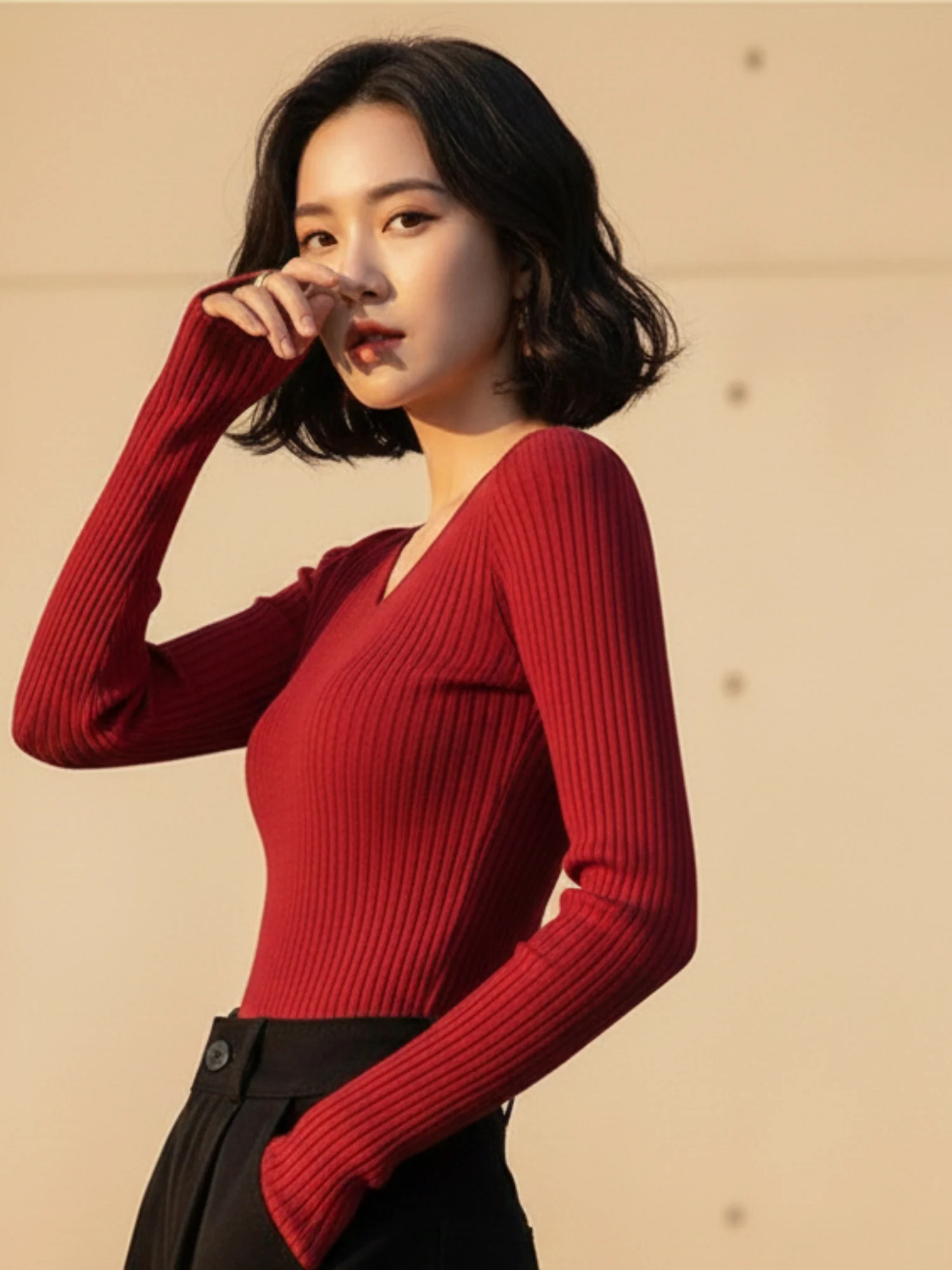 Red Full Sleeve V Neck Fitted Top - Image 2