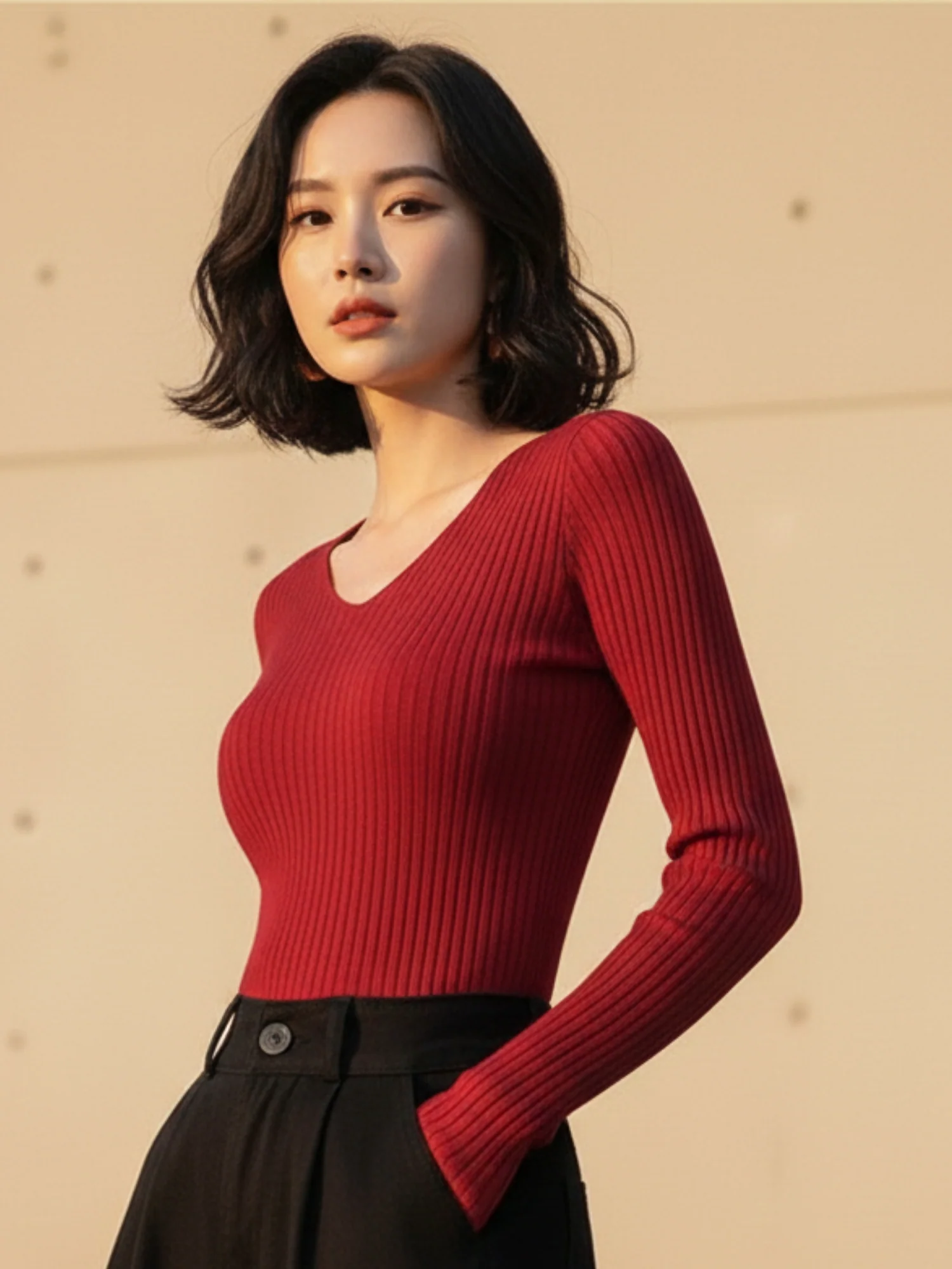 Red Full Sleeve V Neck Fitted Top - Image 3