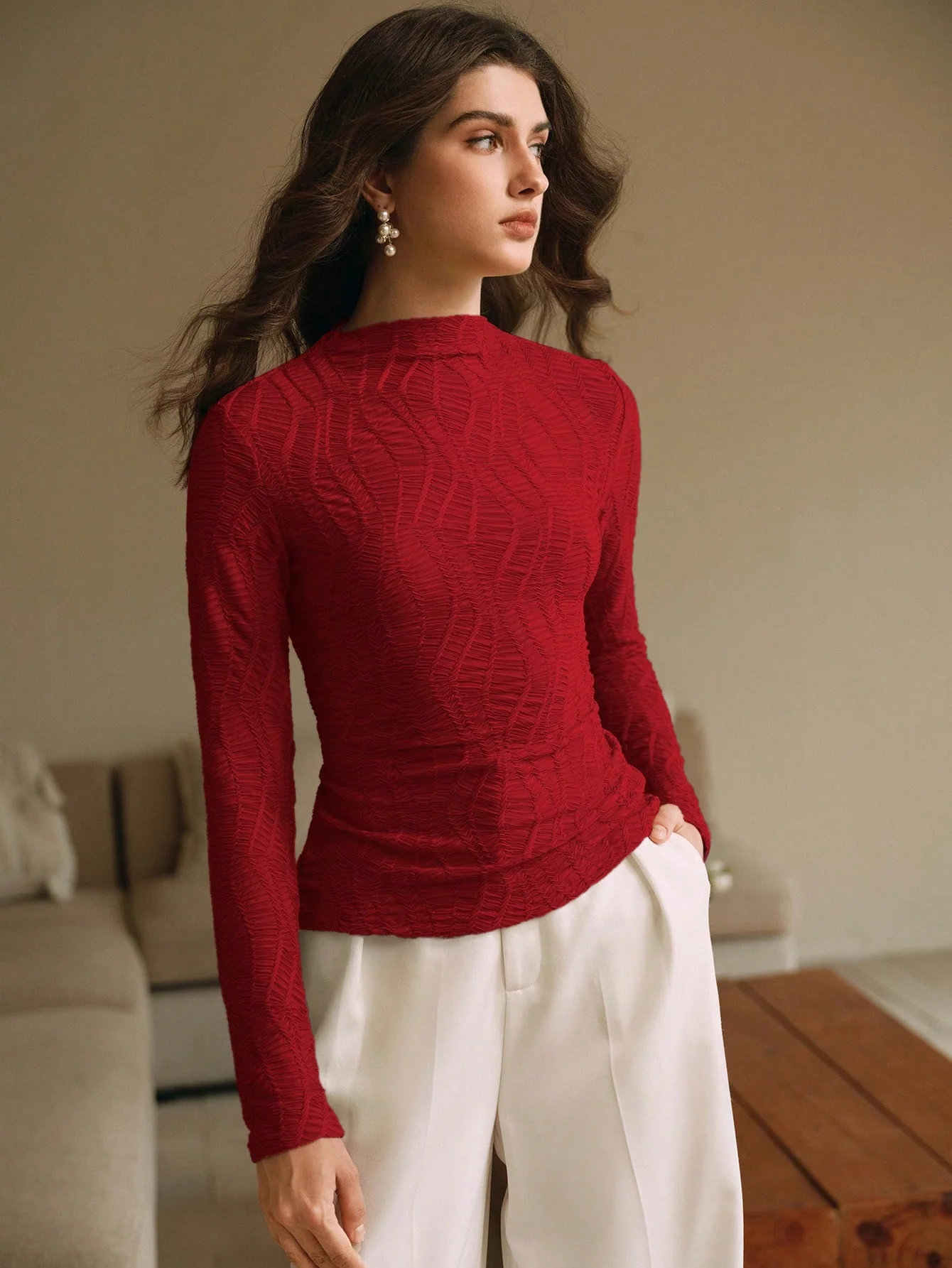 Red High Neck Fitted Top - Image 4