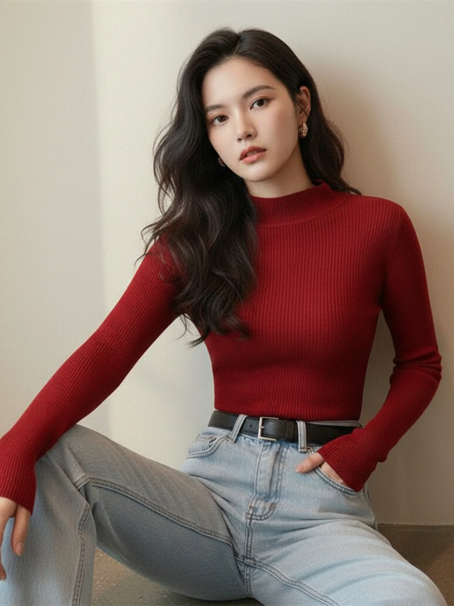 Red High Neck Flat Knit Top - Image 3