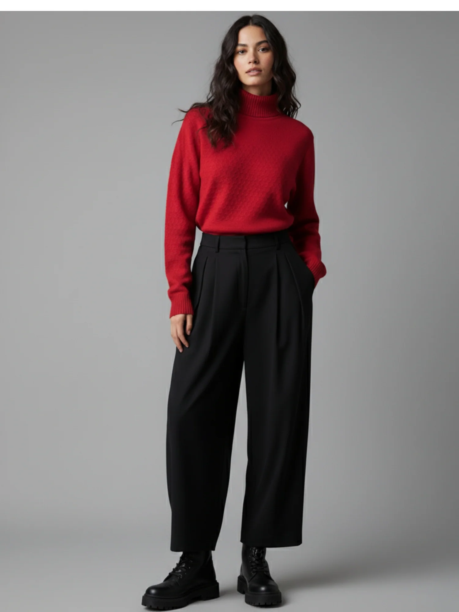 Red High Neck Honey Comb Textured Sweater - Image 3
