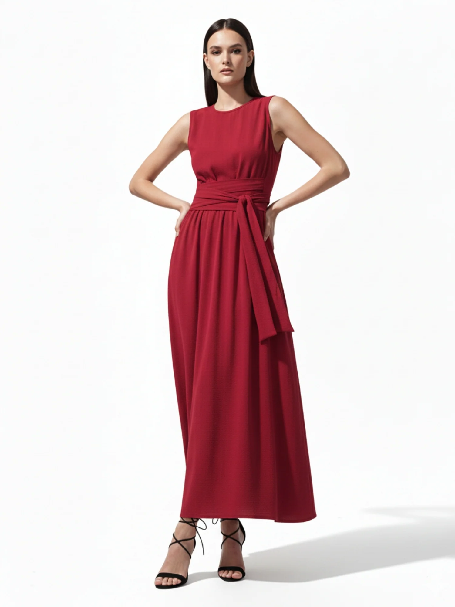 Red High Neck Twisted Tie Up At Waist Detail Dress - Image 2