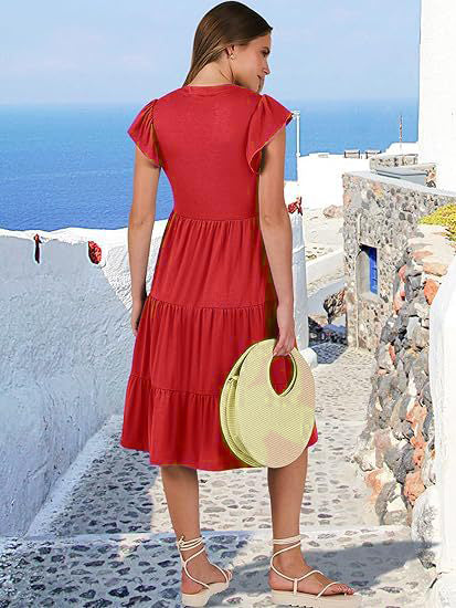Red High V Neck Tiered Dress With Pockets - Image 2