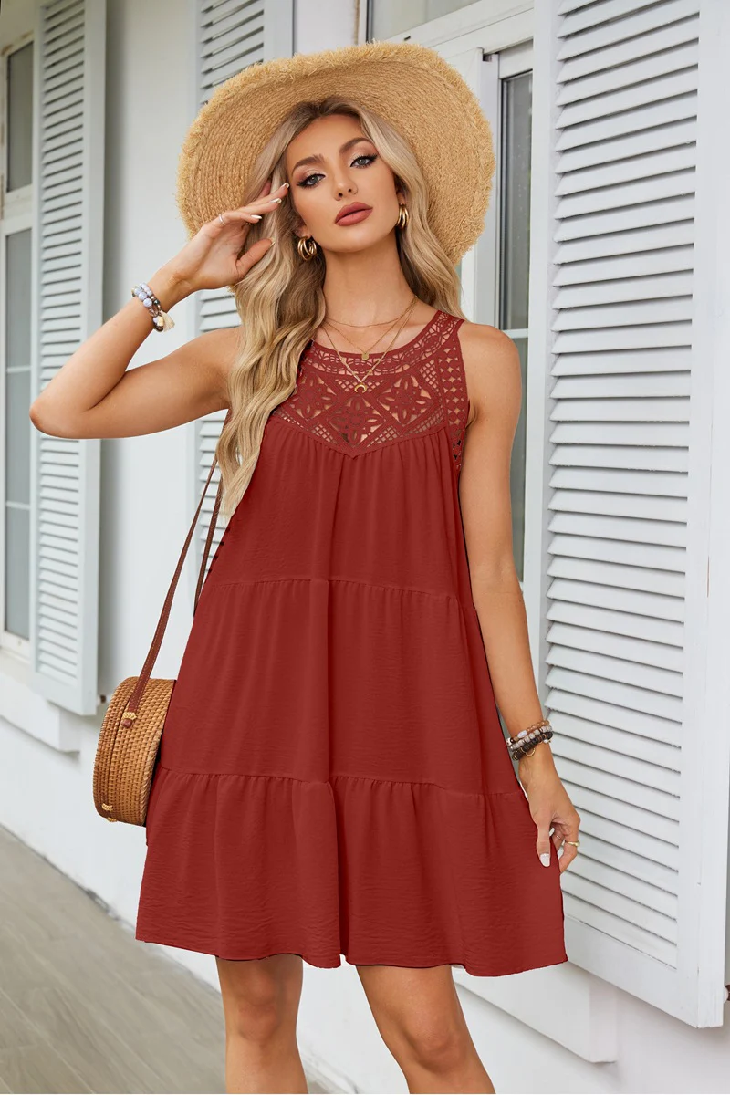 Red Lace Inserts Tiered Mini Dress - Image 3