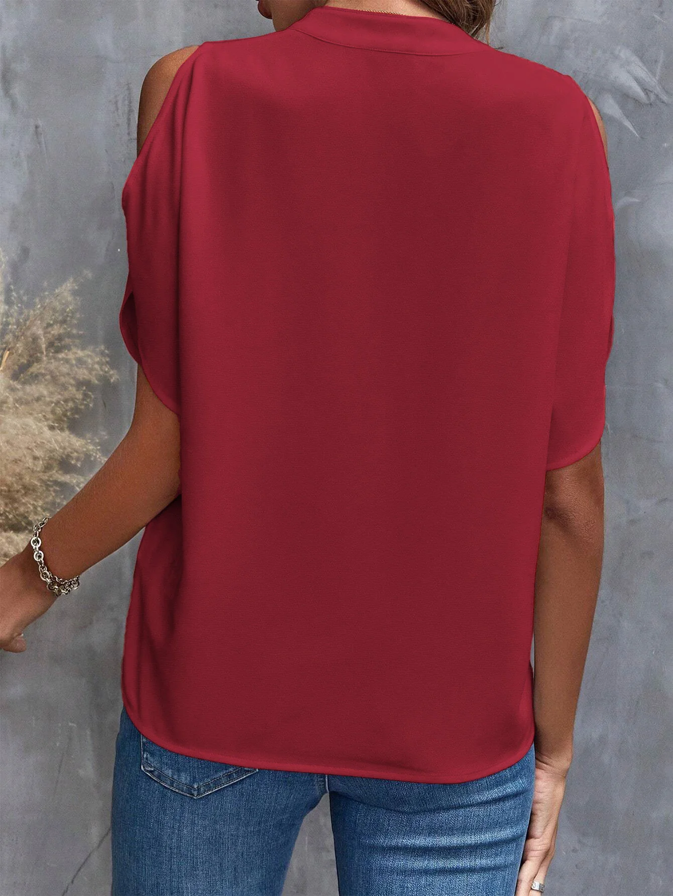 Red Mandarin Collar Cold Shoulder Top - Image 2