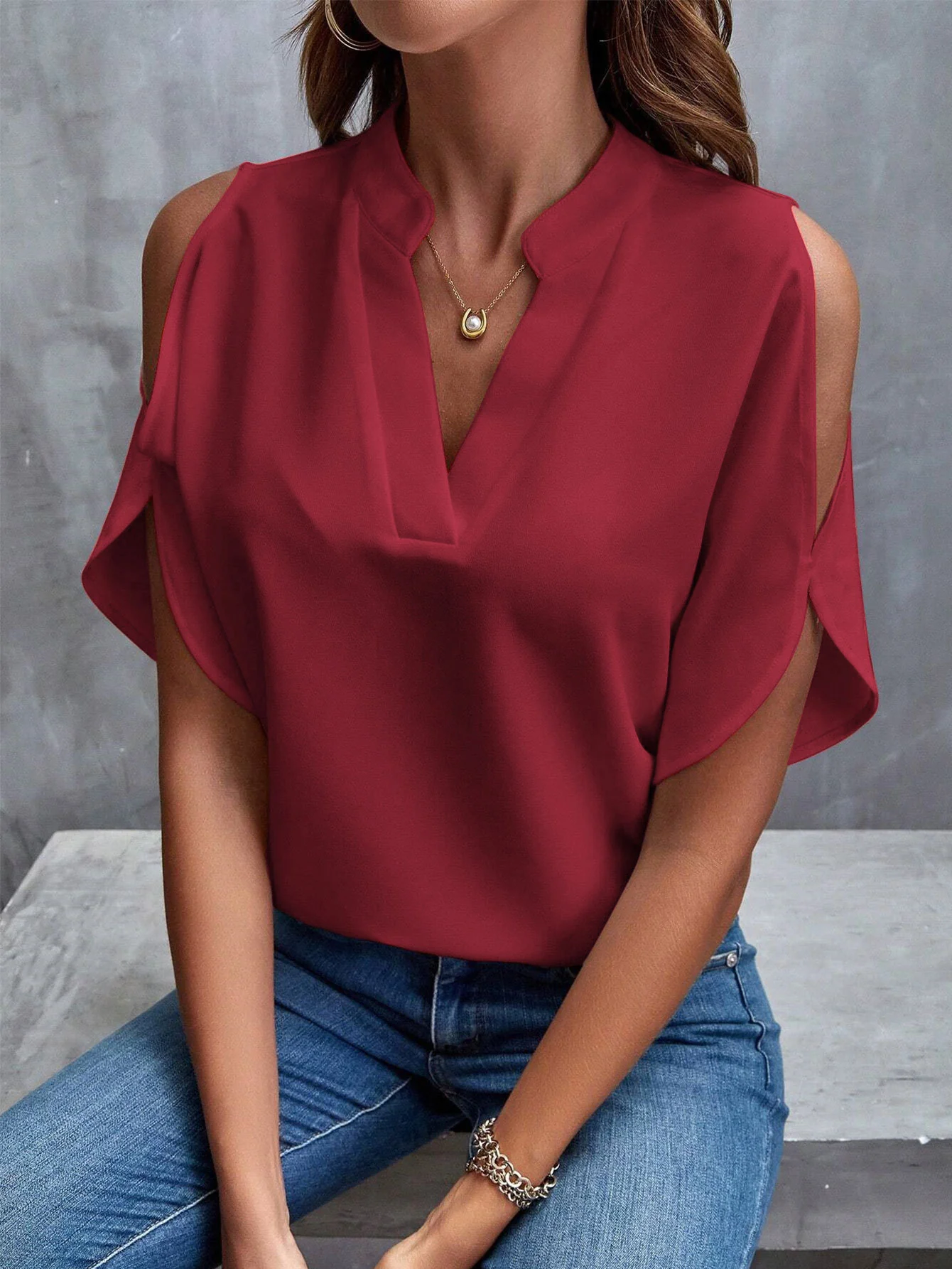Red Mandarin Collar Cold Shoulder Top - Image 5
