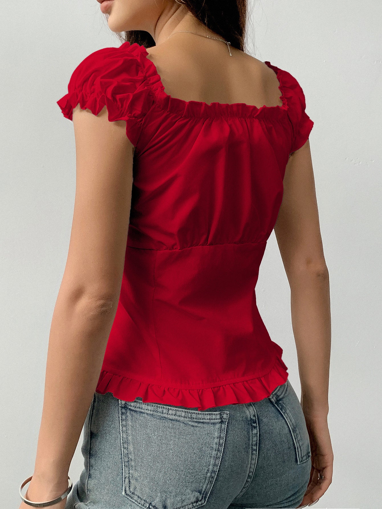 Red Off Shoulder Front Button Pleated Top - Image 2