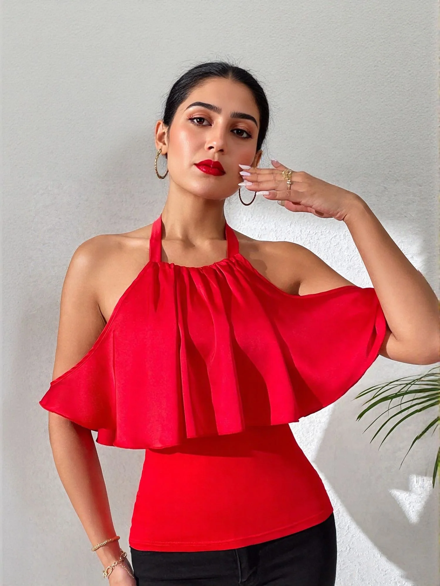 Red Off Shoulder Layered Top - Image 2