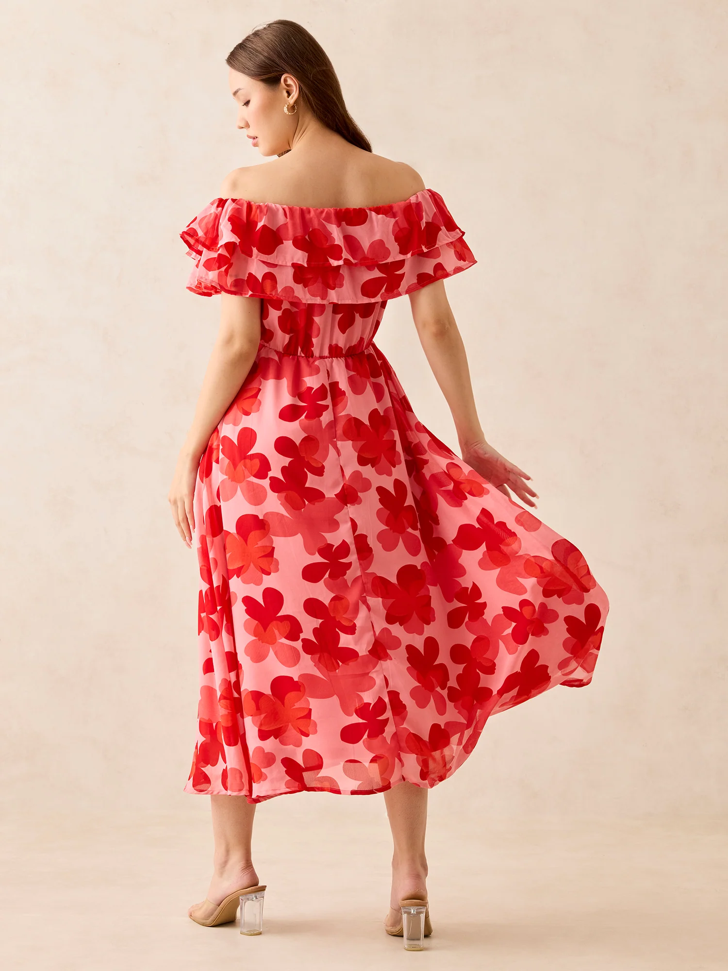 Red Off Shoulder Midi Dress - Image 2