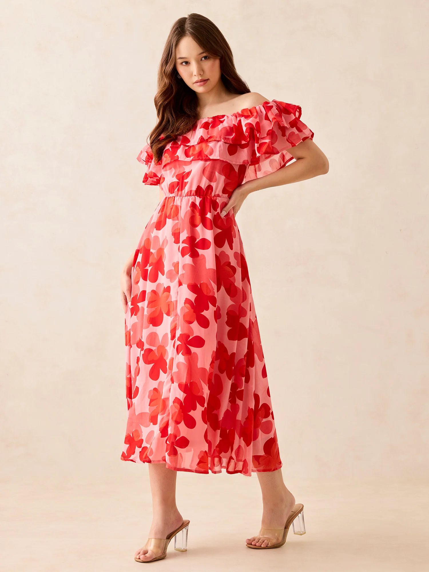 Red Off Shoulder Midi Dress - Image 4