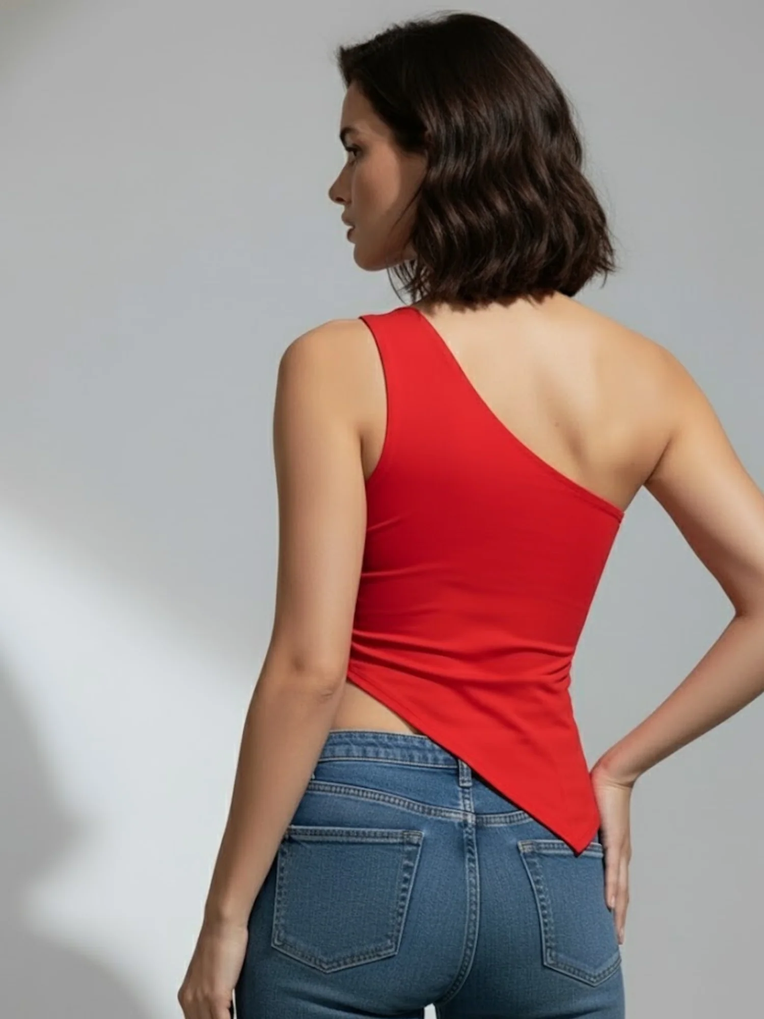 Red One Shoulder Asymmetric Buckle Top - Image 4