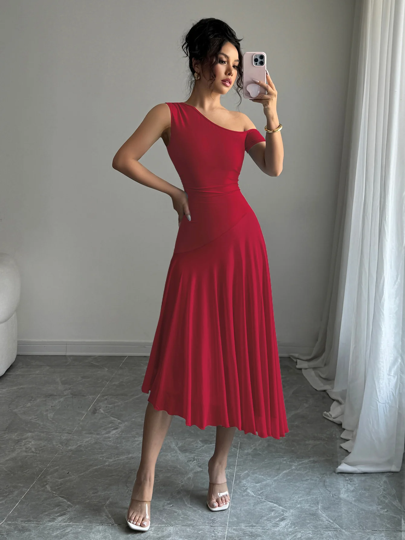 Red One Shoulder Sleeveless Pleated Dress - Image 4